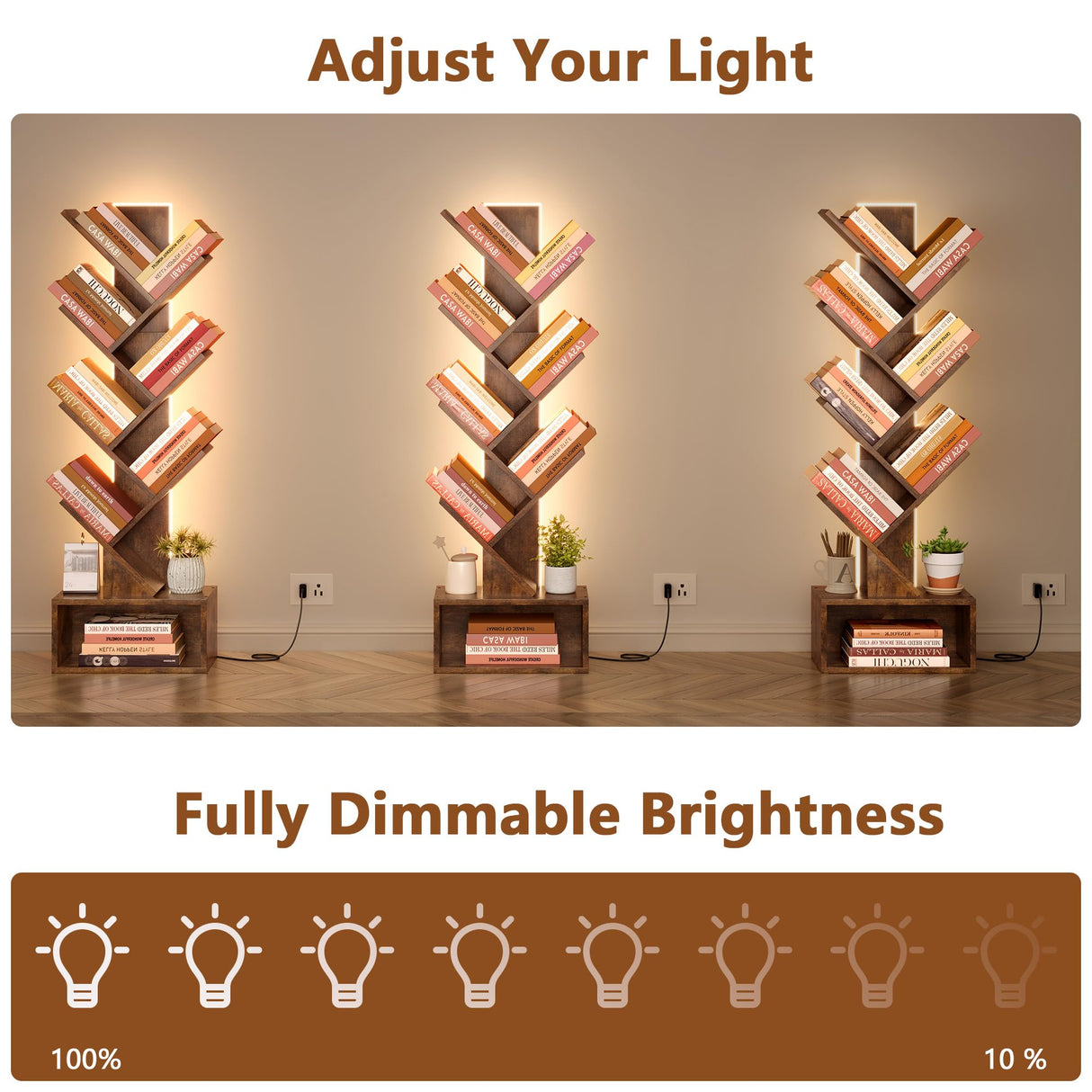 Hoctieon 6 Tier Tree Bookshelf, Tall Bookcase, Freestanding Book Shelf with LED Lights, Display Floor Standing Storage Shelf, Book Organizer Shelves for Home Office, Living Room, Rustic Brown Hoctieon