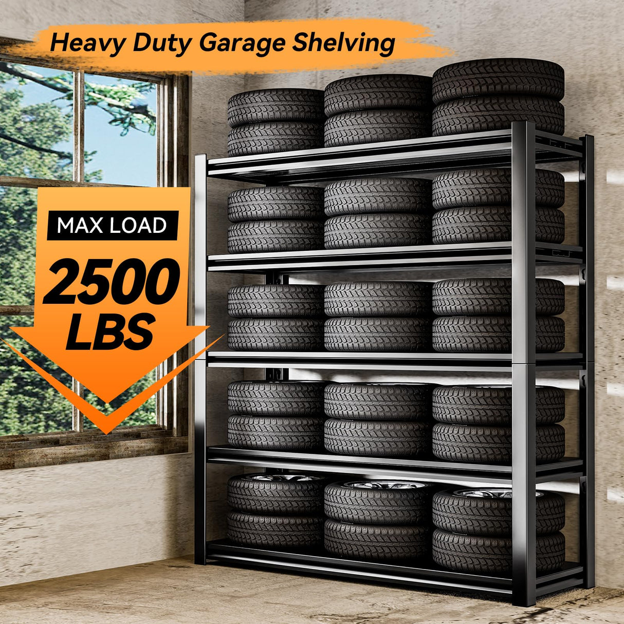 72" H Garage Shelving Units 5-Tier Adjustable Storage Shelves 2500LBS Heavy Duty Metal Shelves Utility Industrial Shelving Rack for Garage Warehouse Pantry Basement,Black (23.6" D×47.2" W×72" H) Guomao