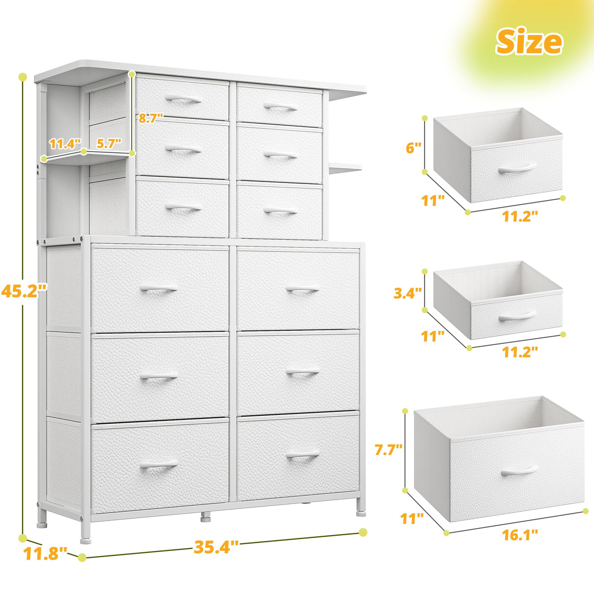 EnHomee Dresser for Bedroom with LED Lights, 12 Drawers Bedroom Dresser, Black Dresser and Tall Dresser with Open Shelves, Fabric Dressers & Chests of Drawers with Sturdy Metal Frame, White EnHomee