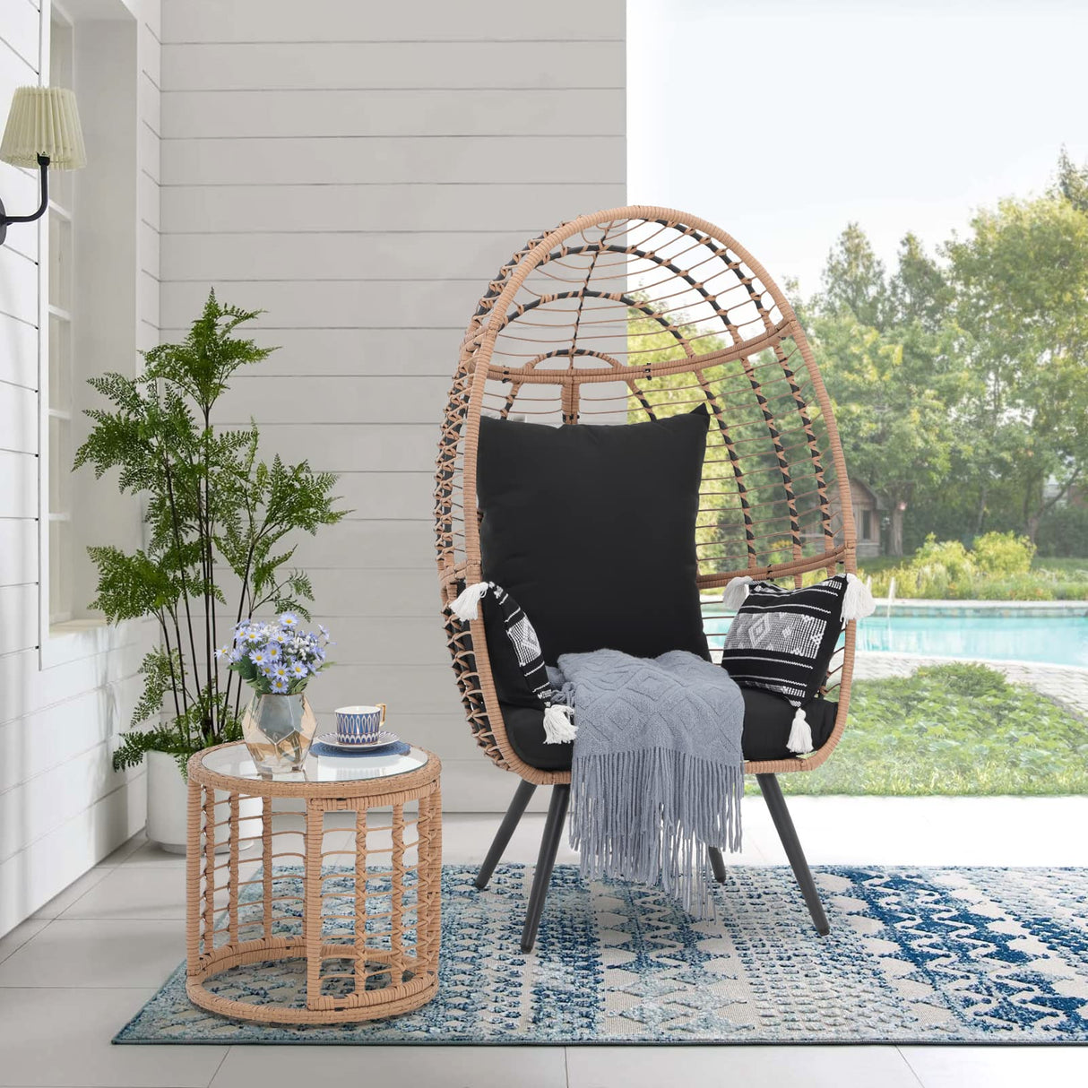 JOIVI Wicker Egg Chair, Outdoor Indoor Oversized Lounger Large Egg Basket Chair with Stand and Cushions for Patio Porch, Backyard, Living Room, Balcony (Beige Rattan, Black Cushion) JOIVI