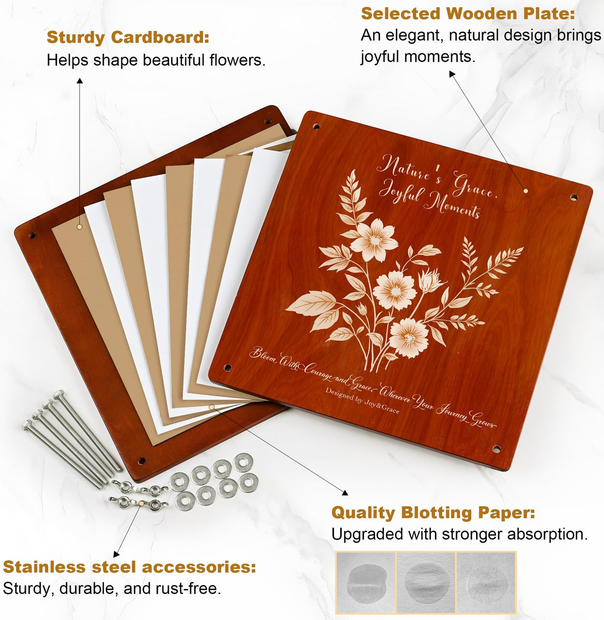 Joy&Grace Large Flower Press Kit for Adults & Kids with Designed Cover and DIY Album, 10.9" x 10.9" 10 Layers Plant Press and Plant Drying Toolkit, Flower Preservation Kit (Color Box, Mahogany Color) Joy&Grace