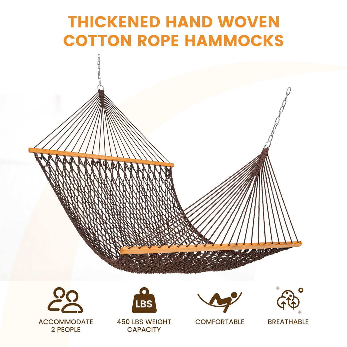 Lazy Daze Hammocks Double Rope Hammock, 2 Person Traditional Outdoor Hand Woven Cotton Rope Hammock with Spreader Bar, Chains, Tree Straps for Patio Yard - Max 450 Lbs, Brown Lazy Daze Hammocks