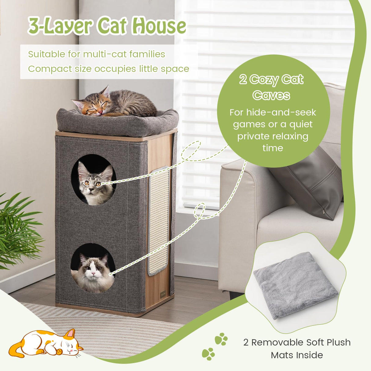 Tangkula 3-Story Cat Tree Condo, Wooden Cat House with Scratching Board, 2 Hideaways & Removable Soft Top Plush Bed, Modern Barrel-Shaped Cat Tower Furniture for Indoor Cats (Grey) Tangkula