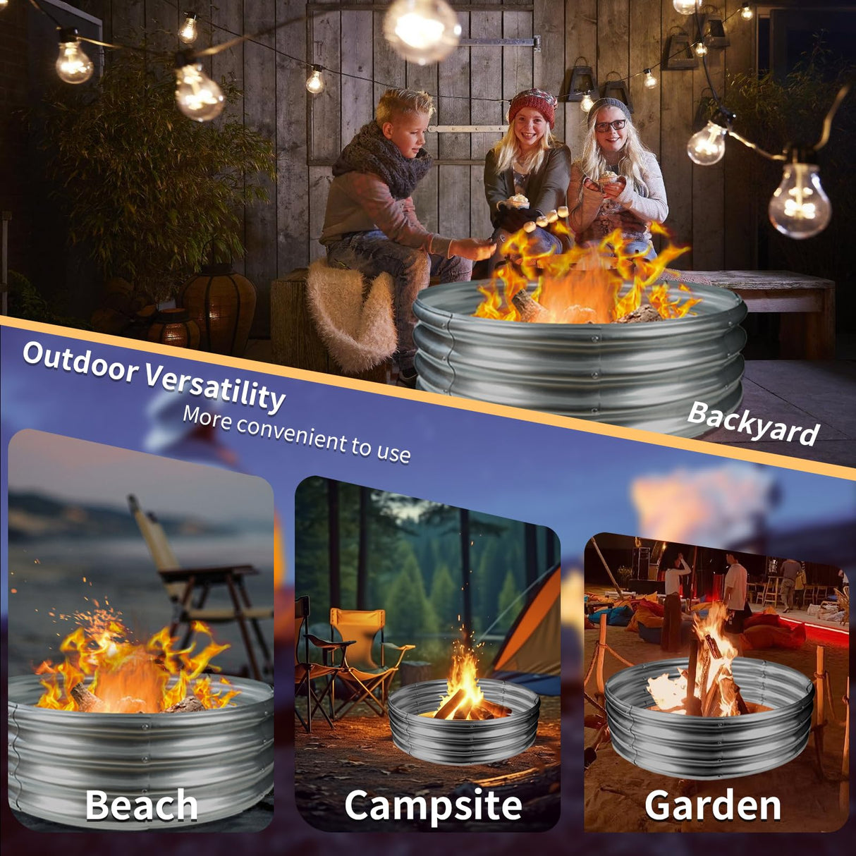 YSEJOMP 48 Inch Round Galvanized Fire Pit Ring/Fire Ring - Foldable and Perfect for Outdoor Gatherings and Campfires in The Yard/Garden/Park/Beach (4 FT Diameter, Silver) YSEJOMP