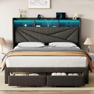 Driftalia LED Full Size Bed Frame with 2 Storage Drawers, Upholstered Full Bed Frame with Headboard and Charging Station, No Box Spring Needed, Easy to Assembly-Dark Grey