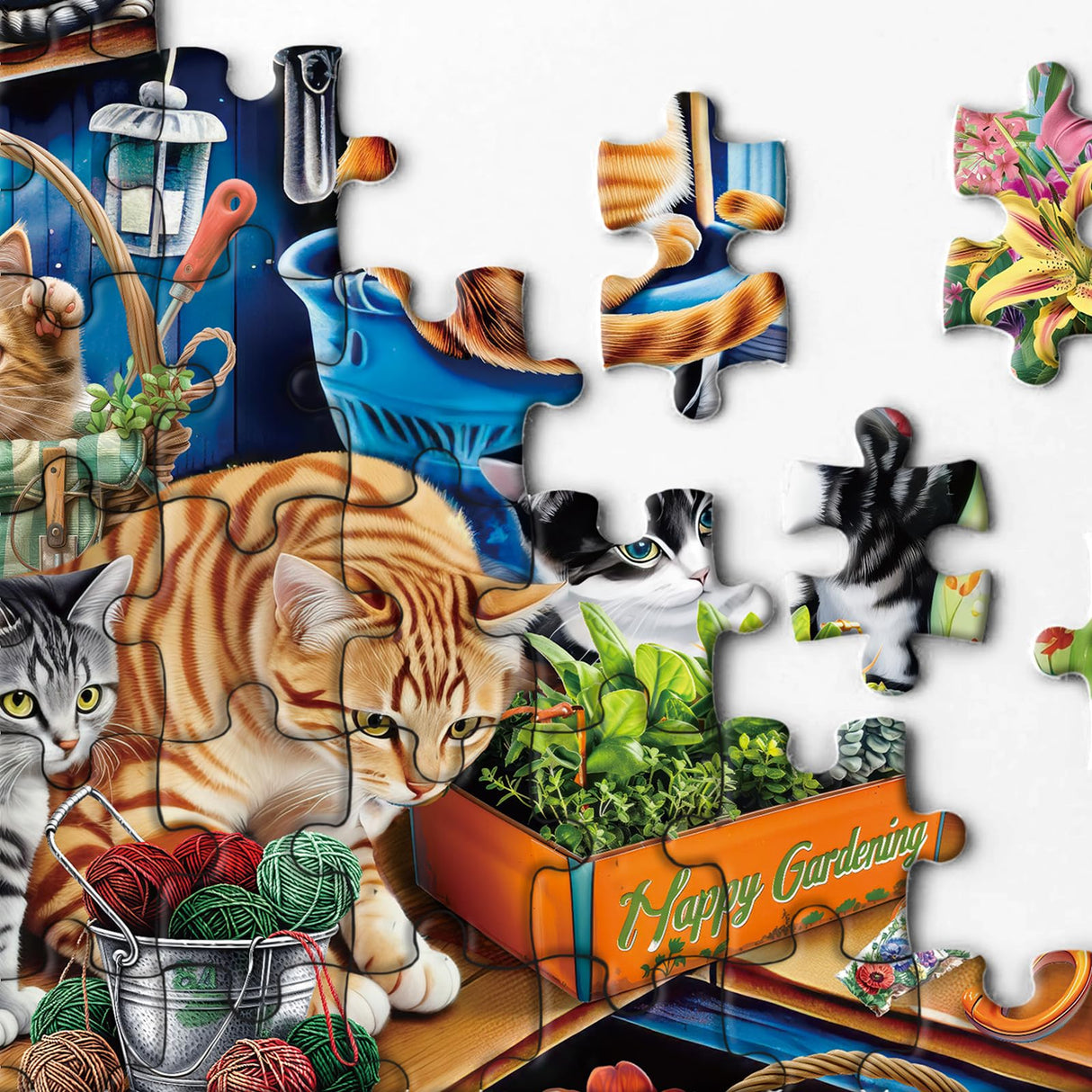 Cat Gardening Cabin Puzzle for Adults 1000 Pieces, Flower Plant Jigsaw Puzzle, Cute Kitten Garden Puzzle BBOLDIN