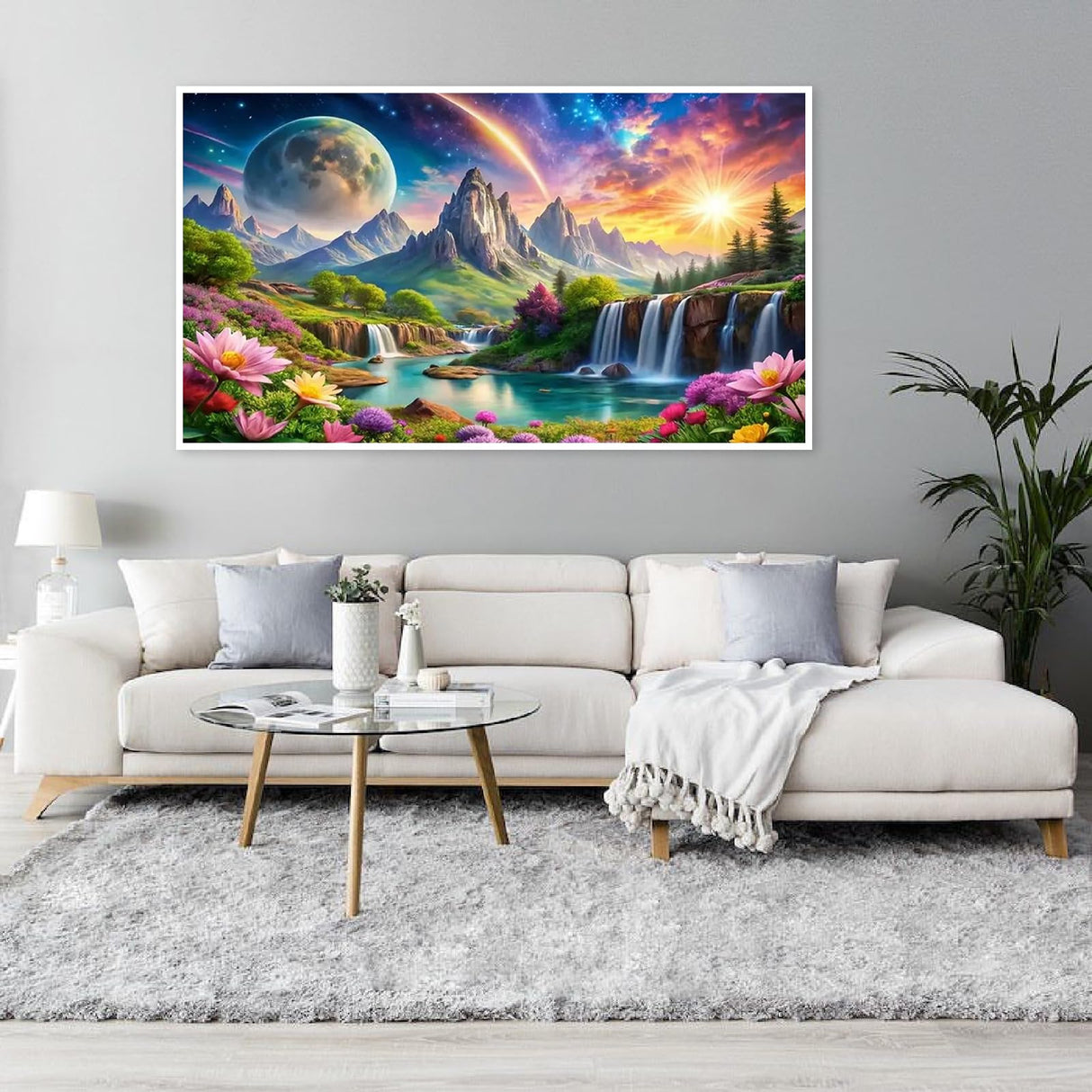 large diamond art kits for adults,Landscape Spring Diamond Painting for Adults Beginner,DIY Moon Sun Mountain Waterfall Painting with Full Drill Diamond Art and Crafts Home Wall Decor 27.5 X 15.7inch pchmcu
