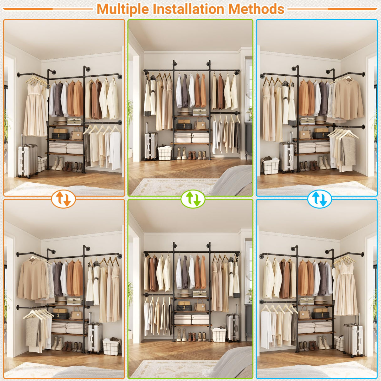 Cyclysio Industrial Pipe Clothing Rack, Reversible 7.25FT Wall Mounted Clothes Rack, Heavy Duty Garment Racks Closet Wardrobe with LED Lights& Shelves, Walk-in Closet System, Brown Cyclysio