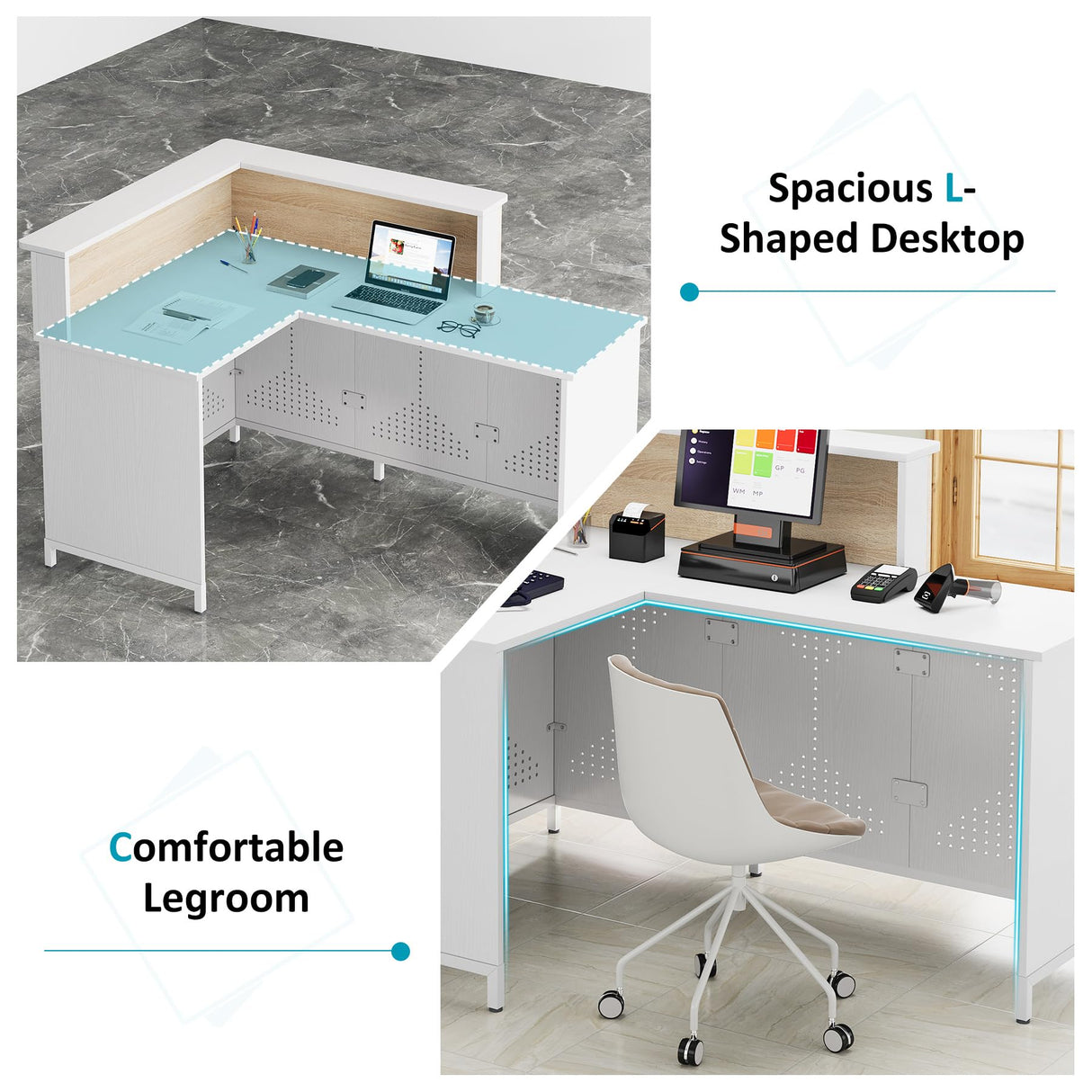 Condemo L-Shaped Reception Desk with LED Lights, 60 inch Modern Front Desk, Checkout Counter Table for Office, Lobby, Cafe, Beauty Salon, White and Light Brown Condemo