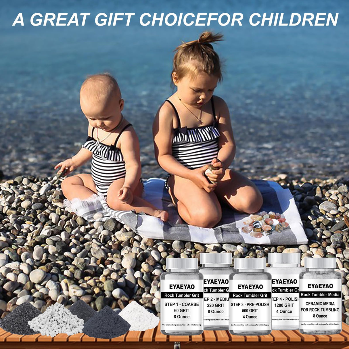 Rock Tumbler Grit and Ceramic Tumbling Media 2 Pounds, Polish Up to 13 lbs. of Rocks, Polish Refill Media Kit, Compatible with Any Tumbler (4 Step + Tumbling Media) eyaeyao