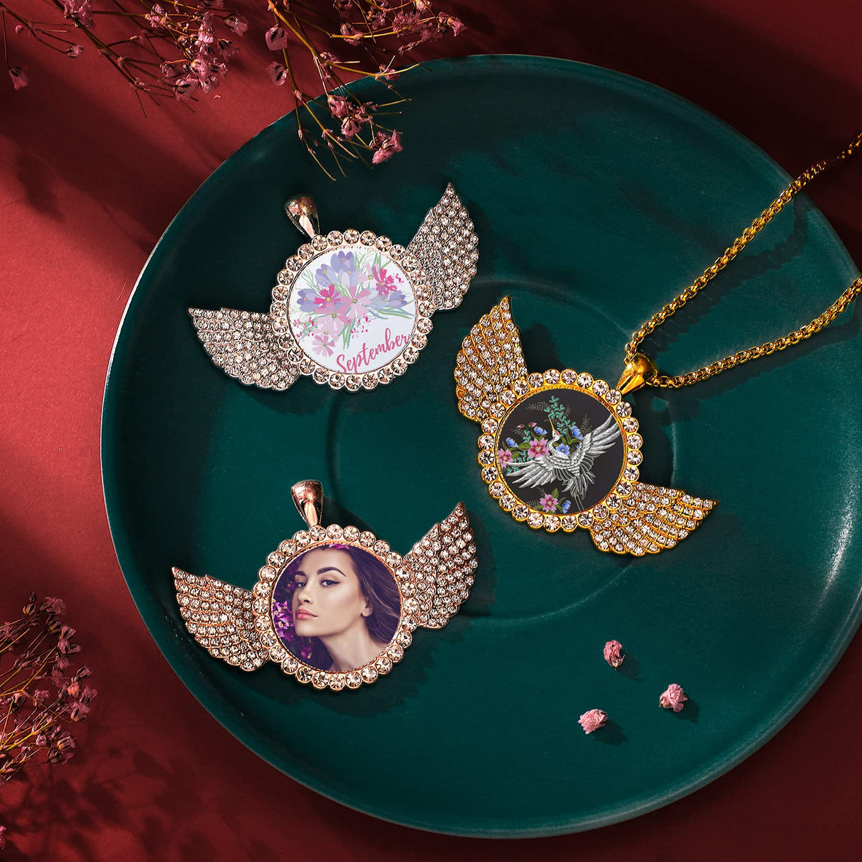 9 Pieces Sublimation Blank Necklace with Chain Set Blank Necklace Rhinestone Wing Shape Bezel Pendant Tray, 25 mm Sublimation Sheet, Double Sided Tape for DIY (Round Shape Style) Hicarer