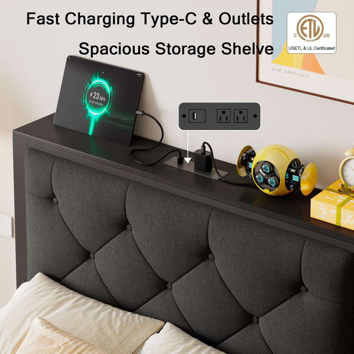 Einhomn Twin Bed Frame with Storage Drawer, Metal Platform Bed with Charging Station, Upholstered Button Tufted Storage Headboard, No Box Spring Needed, Noise-Free, Easy Assembly, Black Einhomn