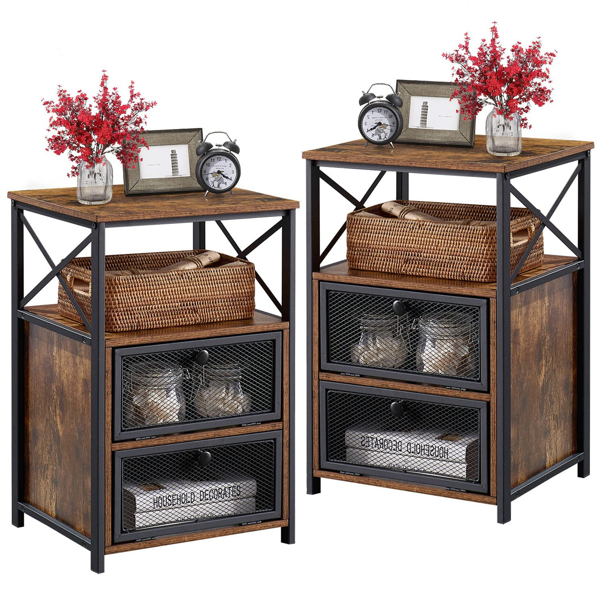 VECELO Nightstand Set of 2, End Table with Flip Drawer, Modern Night Stand for Bedroom Living Room, Office, Easy Assembly, 2 PCS, Brown VECELO