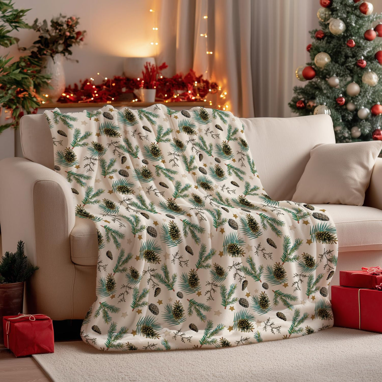 Horaldaily Christmas Flannel Blanket Throw, Holly Pine Cone Soft Fuzzy Plush Cozy Fleece Blankets for Couch Sofa Bed Lounging, Ideal Gifts for Kids Adults Wife Self, 50x60 Horaldaily