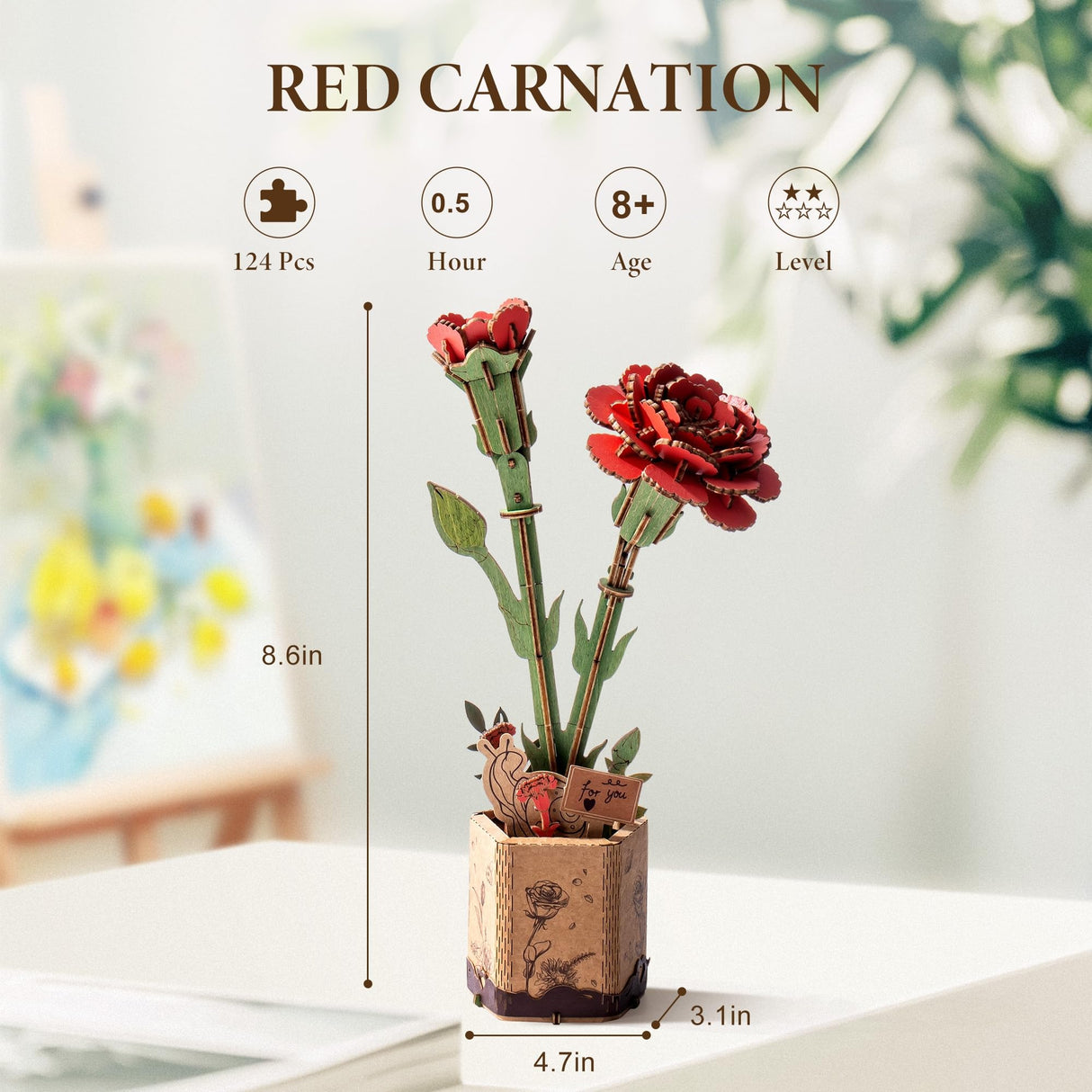 ROBOTIME 3D Puzzles Wooden Artifical Flower Red Carnation DIY Model Building Kit to Build for Adults Bouquet Botanical Collection Craft Brain Teaser Puzzle Creative Gift Home Decor ROBOTIME