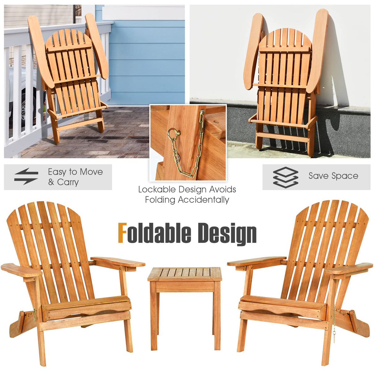 Tangkula 3 Pieces Adirondack Chair Set, Outdoor Wood Furniture Set with 2 Folding Lounge Chairs & Side Table, Widened Armrest, Slatted Design, All Weather Conversation Set for Garden Patio Backyard Tangkula