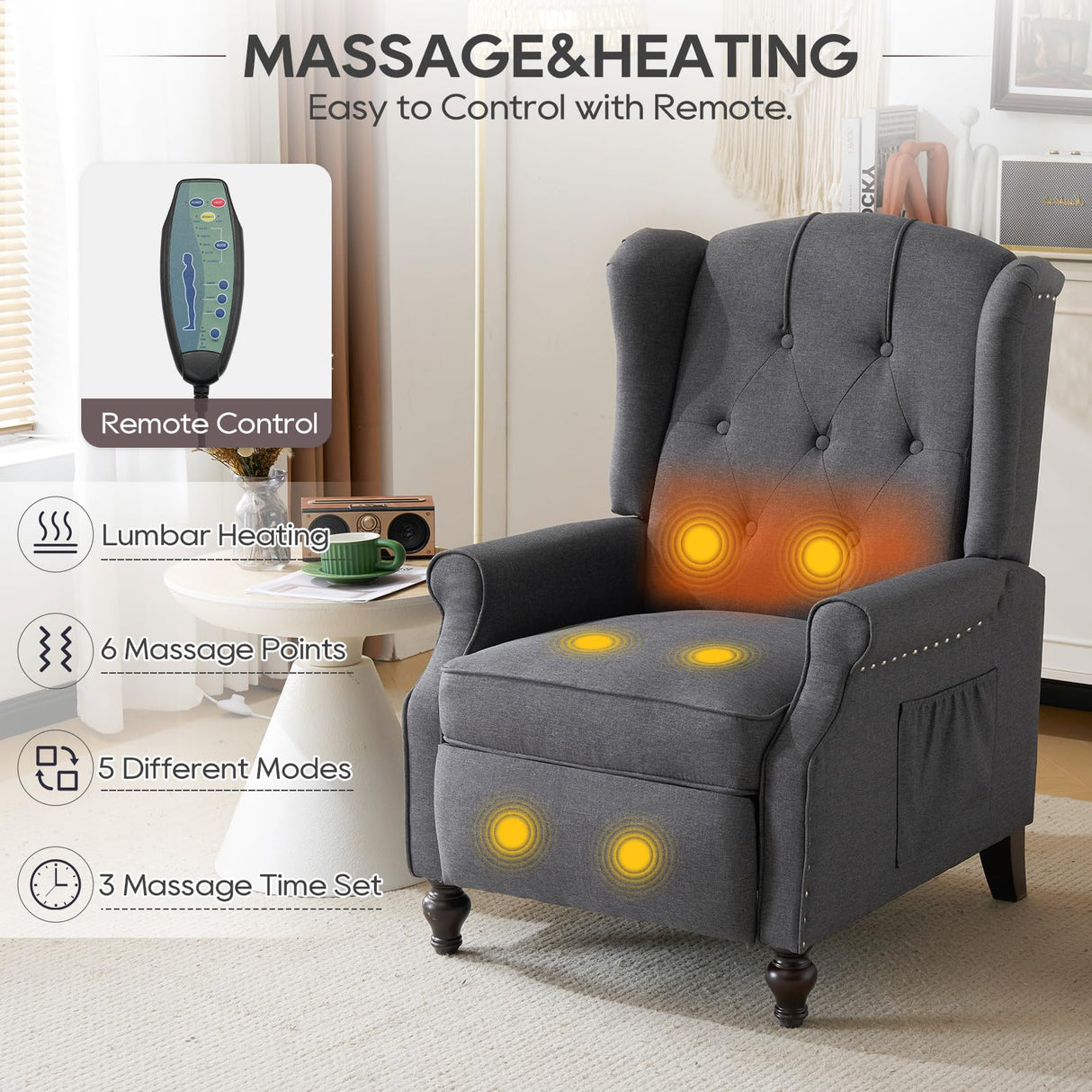 P.H.Furn Wingback Recliner Chair with Massage and Heat, Upholstered Fabric Living Room Chair Armchair with Nailhead Trim,Push Back Recliner Chair with Remote Control,Padded Cushion (Grey) P.H.Furn