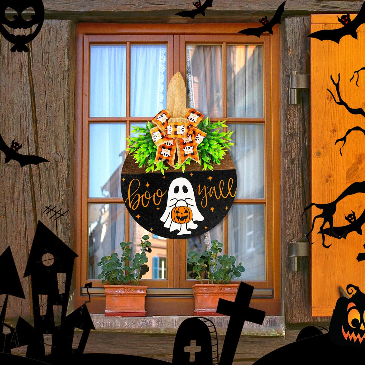Halloween Wooden Welcome Sign for Front Door Hanging Spooky Ghost Boo Yall Sign with Bow Halloween Wooden Door Hangers Wreath for Farmhouse Home Window Outdoor Wall Party Decoration Supplies Denylo pro