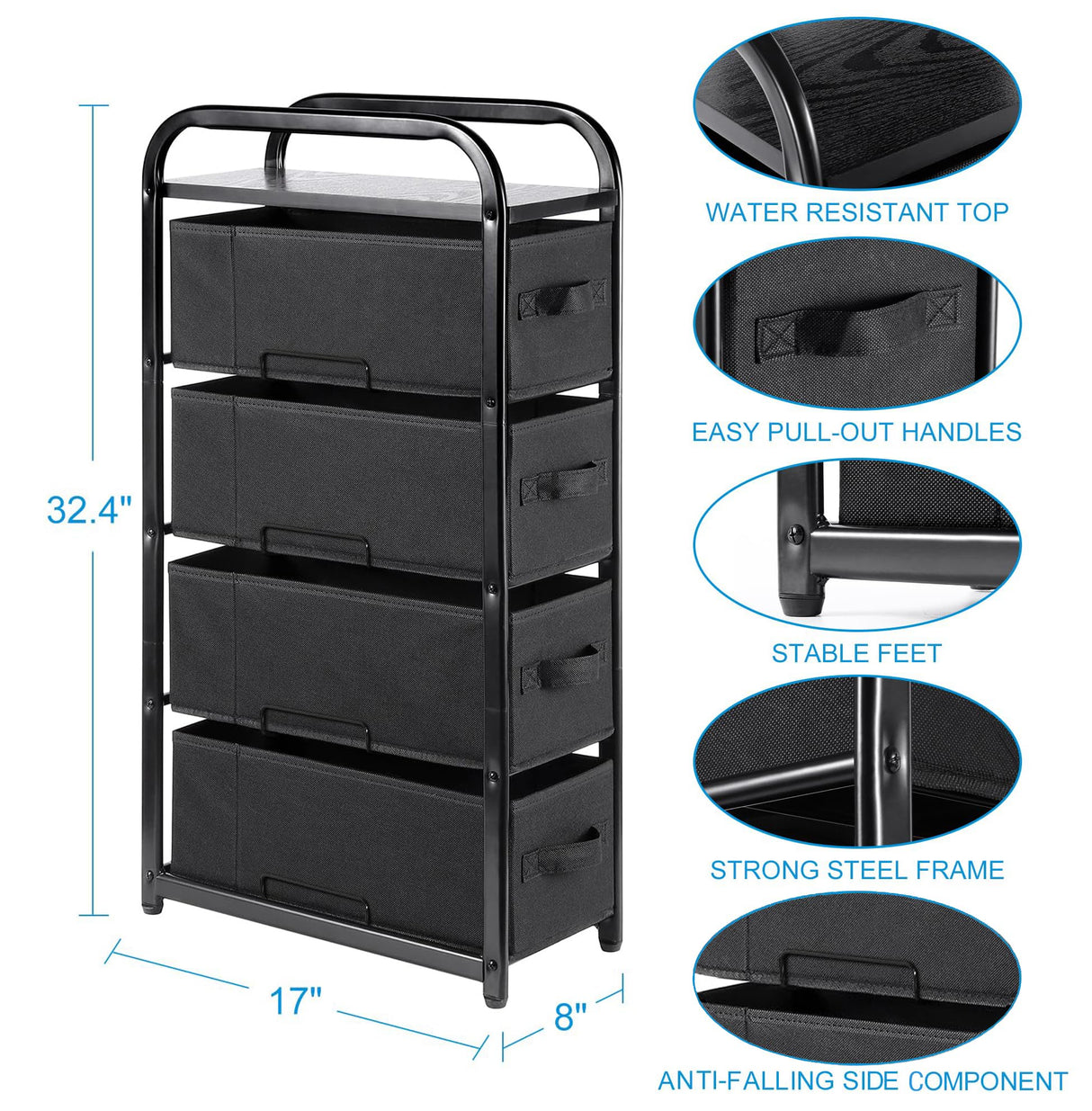 MAX Houser 4 Drawer Narrow Dresser Fabric Storage Tower Vertical Slim Storage Chest Organizer Nightstand Side/End Table Small Standing Organizer Removable Drawers Wood Top for Bedroom, Bathroom(Black) MAX Houser