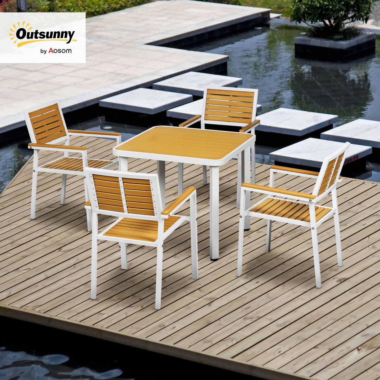 Outsunny 5 Piece Patio Dining Set for 4 with Umbrella Hole, Waterproof HDPE Outdoor Table and Chairs, Aluminum Frame Dining Furniture Set, Yellow Outsunny