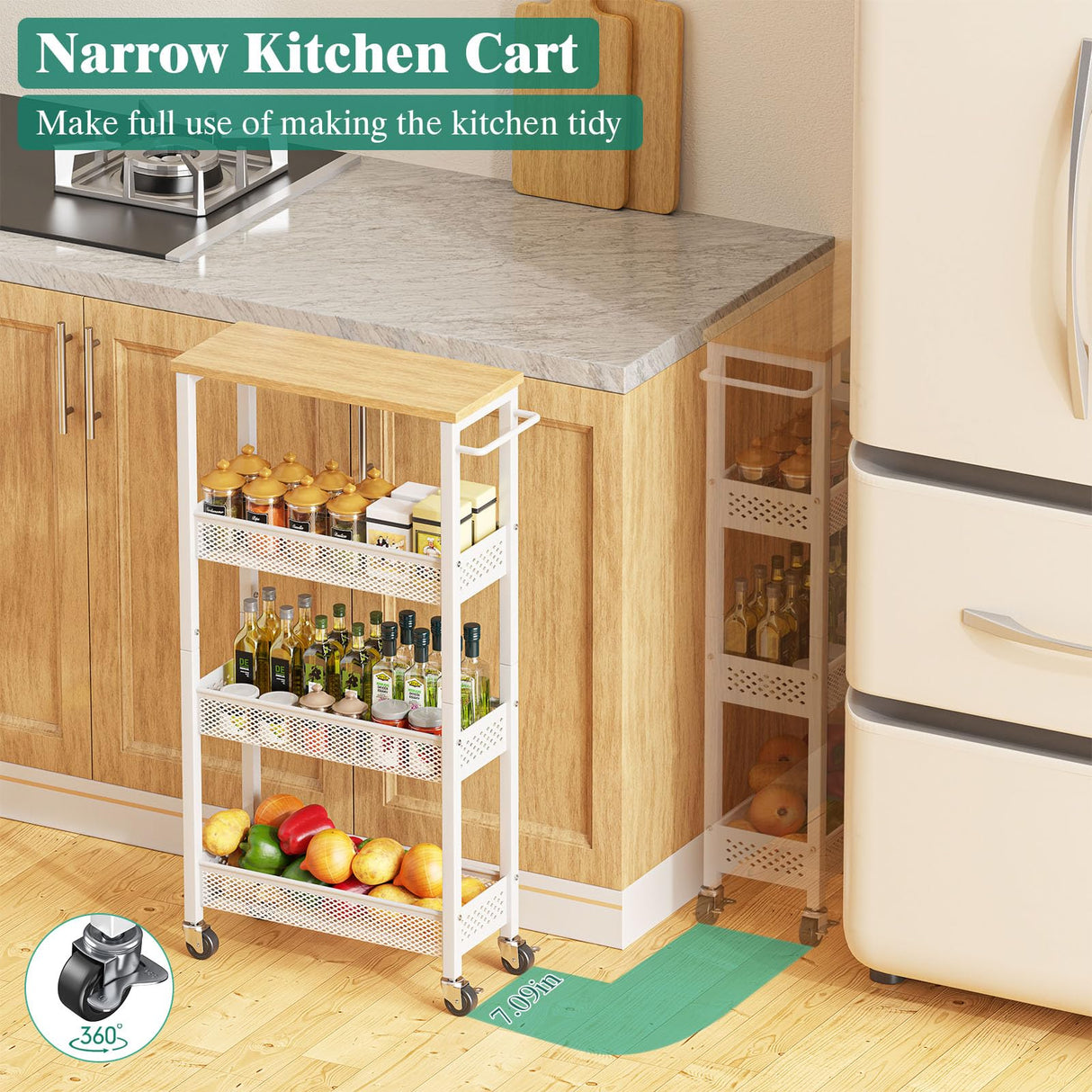 Giwil Slim Rolling Storage Cart 4 Tier Bathroom Organizer Mobile Shelving Unit Utility Cart with Wood Top and Handle for Kitchen Laundry Narrow Places, White Giwil