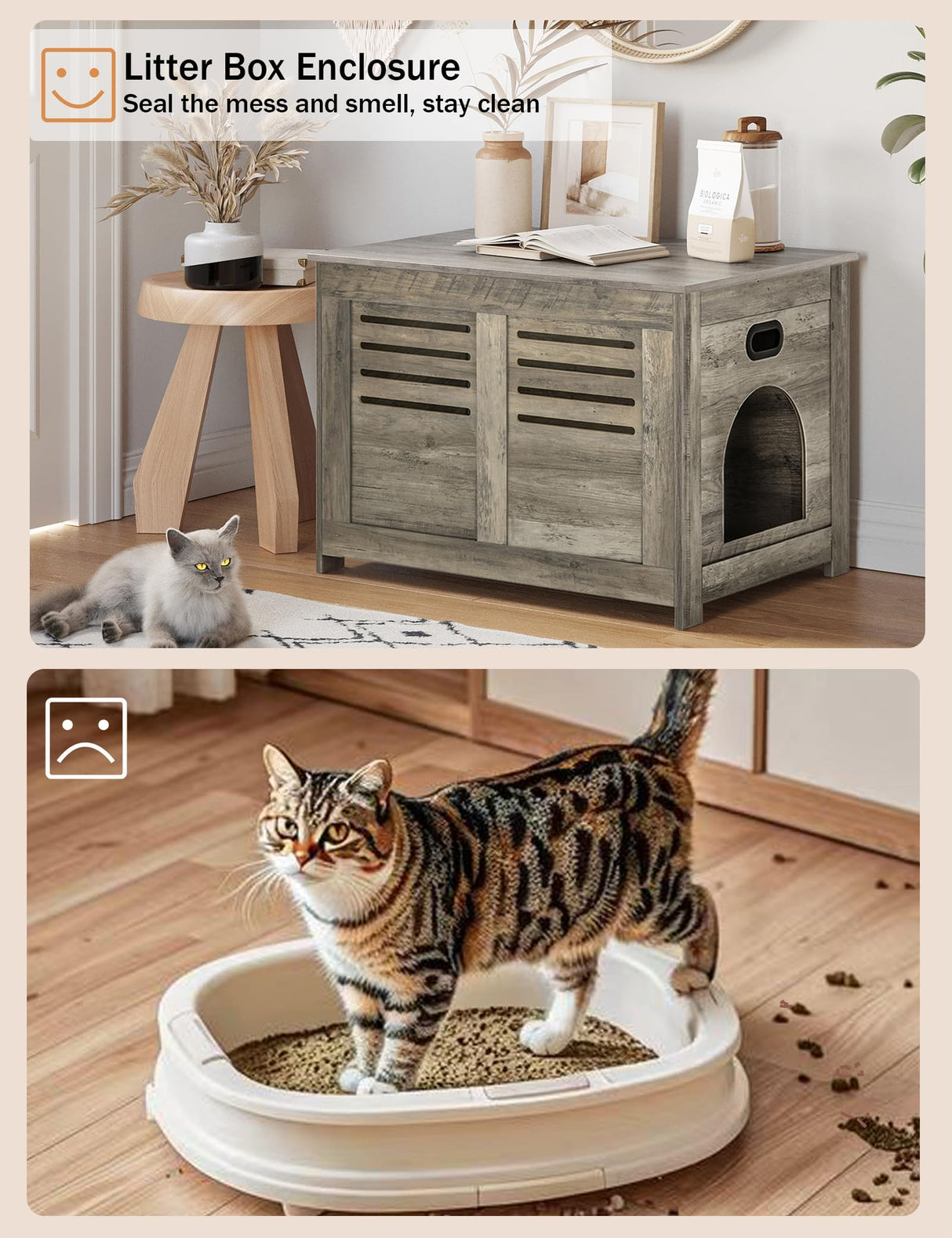 DINZI LVJ Litter Box Enclosure, Flip-Top Enclosed Litter Box, Hidden Cat Washroom with Good Ventilation, Entrance Can Be on Left or Right, Cat House Furniture for Most of Cat and Litter Box, Gray Wash DINZI LVJ