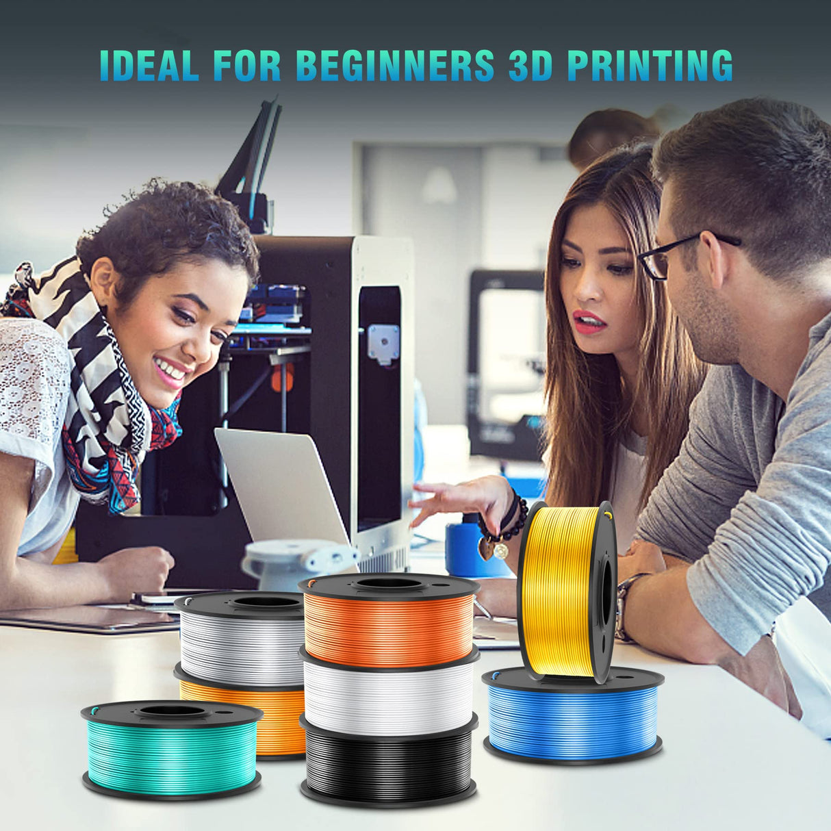 SUNLU 3D Printer Filament, 250G PLA Silk Filament Bundle, 1.75mm Smooth Silk Filament Muticolor, Neatly Wound Filament, 250G Spool, 8 Rolls, Black+White+Light Gold+Silver+Brass+Red Copper+Blue+Green SUNLU
