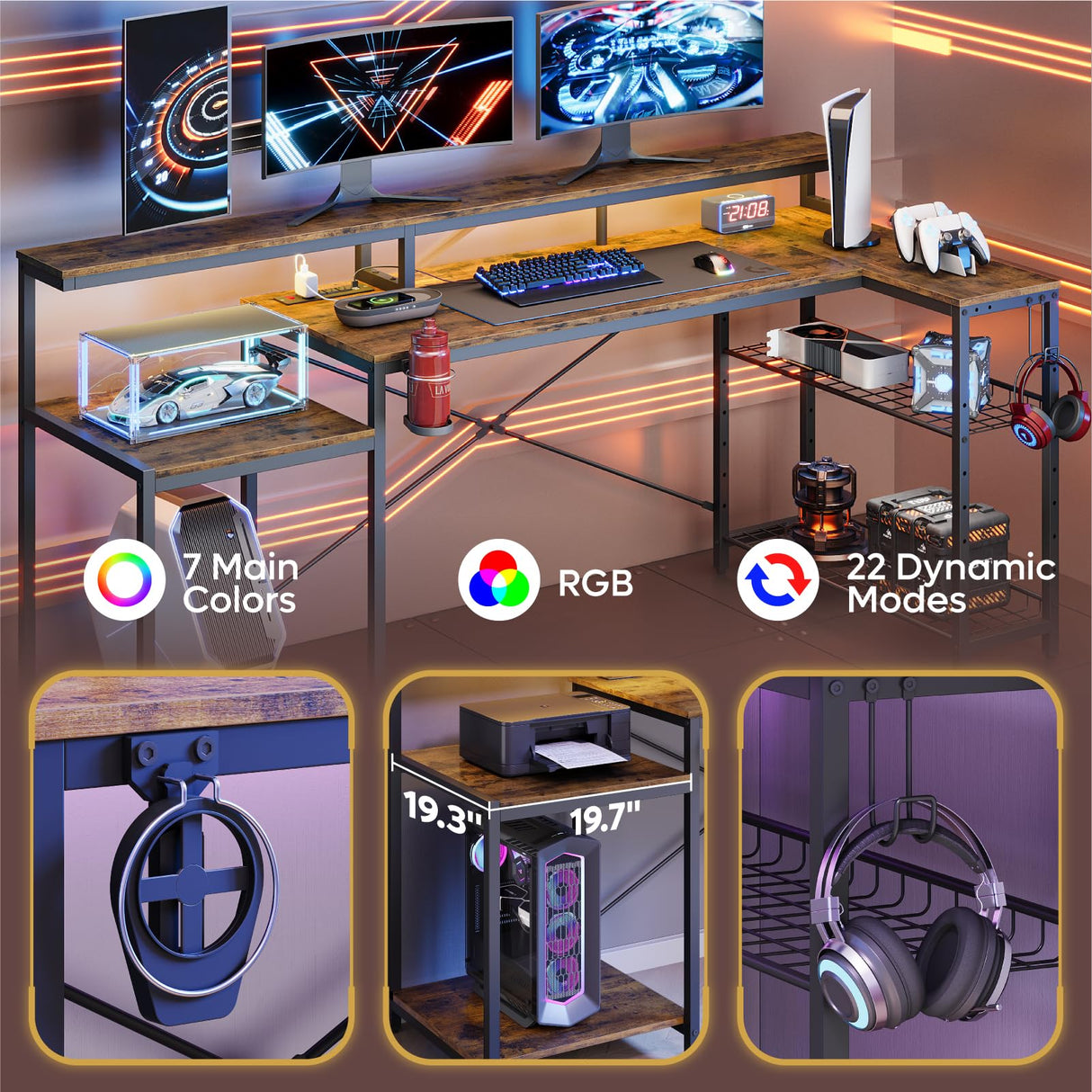 Bestier 71.5 inch Computer Desk with Power Outlets, LED Large Home Office Desk with Monitor Stand, L Shaped Corner Desk with Printer Stand Adjustable Shelf, Cup Holder & Headset Hooks, Brown Bestier