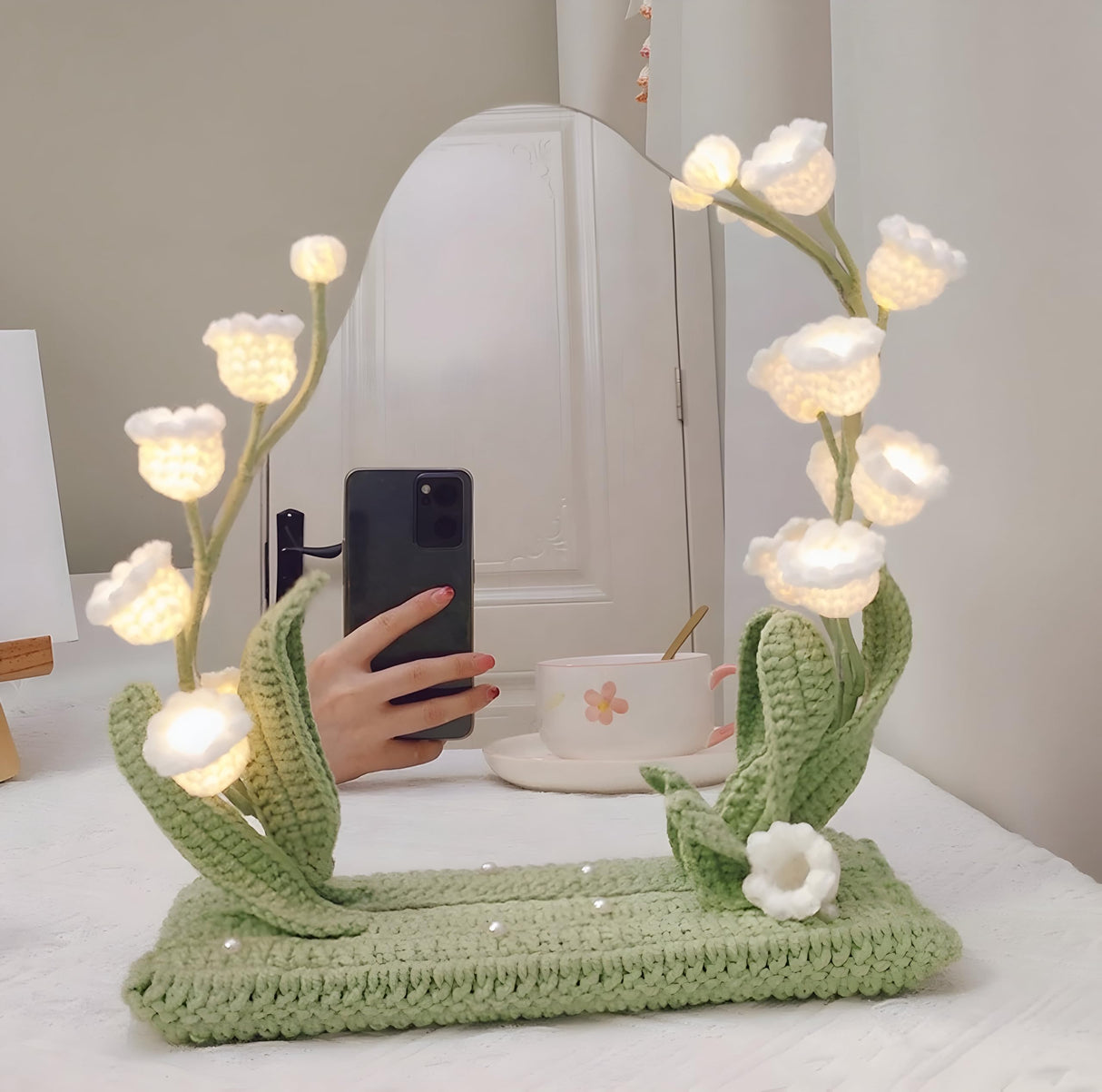 kasthamandap wooden Makeup Vanity Mirror with led Light, Handcrafted Crochet Flower Accent for Room Decoration kasthamandap wooden