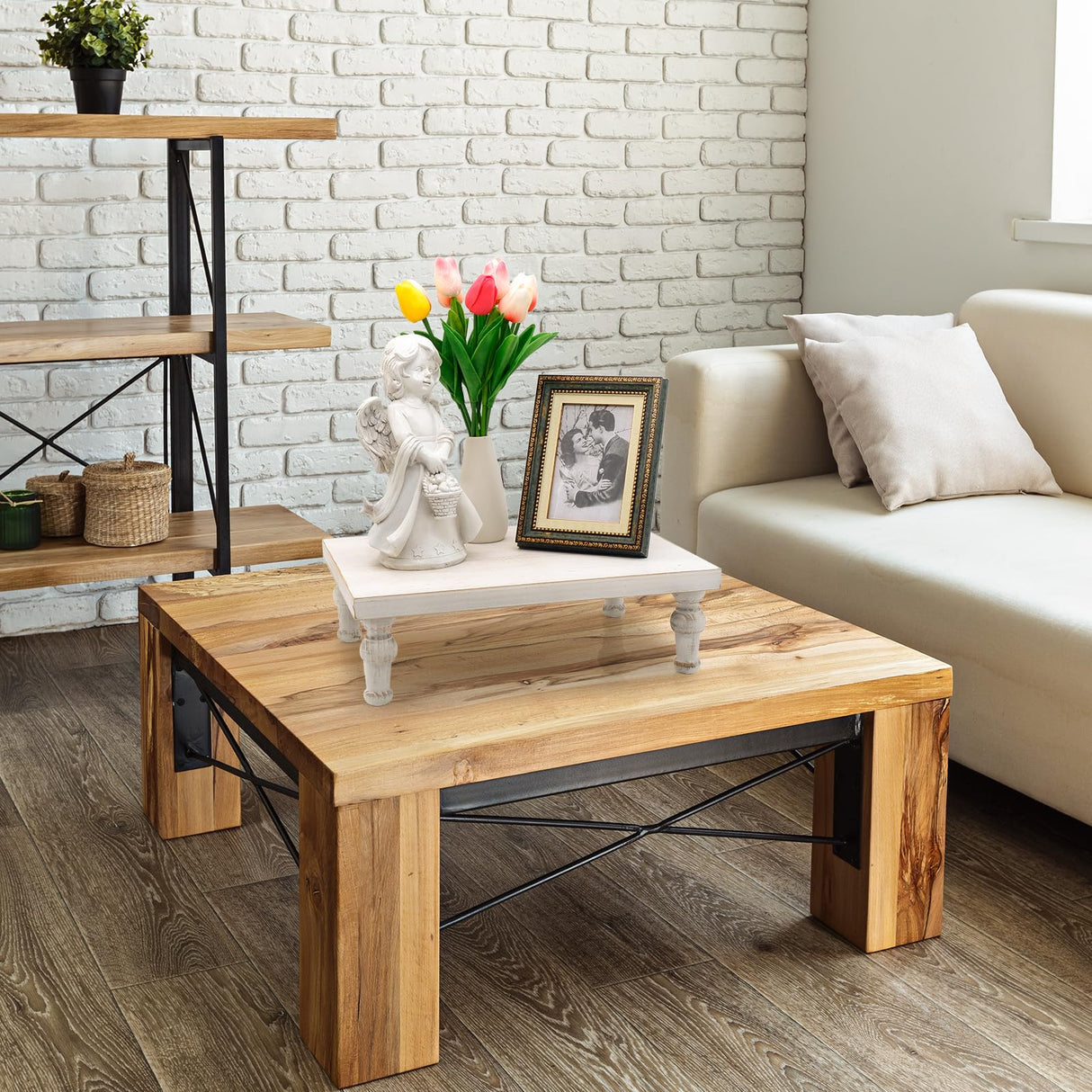 TOOLTENG 15.7" x 11.8" Wooden Riser Decorative Tray, Farmhouse Wood Pedestal Stand, Rustic Whitewashed Tray Riser Display Stand, Coffee Bar, Dining Room, Centerpiece, Kitchen, Bathroom Table Decor TOOLTENG