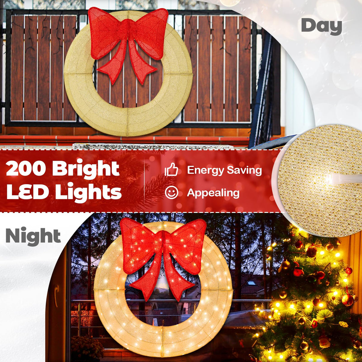Tangkula 48 Inch Lighted Christmas Mesh Wreath, Pre-Lit Festive Wreath w/Large Bow & 200 LED Bulbs, Hooks & Zip Ties Included, Weatherproof Festive Decoration for Indoor Outdoor Tangkula