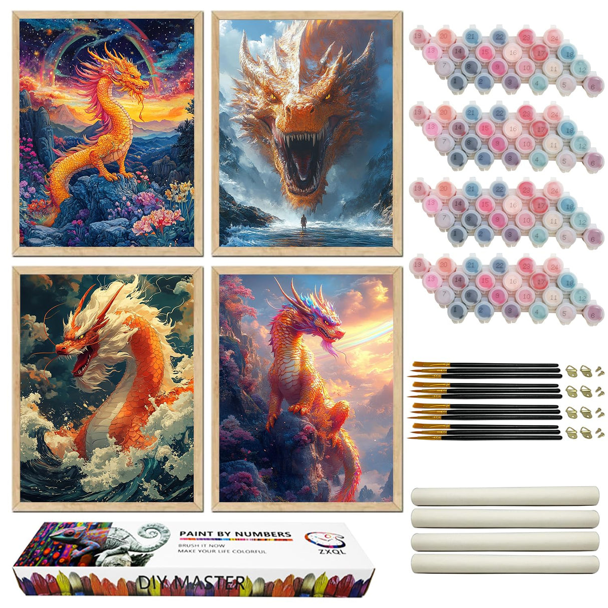 ZXQL 4 Paint by Numbers for Adults - Dragon DIY Adult Paint by Number Kits Pack Beginners Easy Acrylic On Canvas for Painting Home Decor Creative Wall Art 12x16inch (10-4) ZXQL