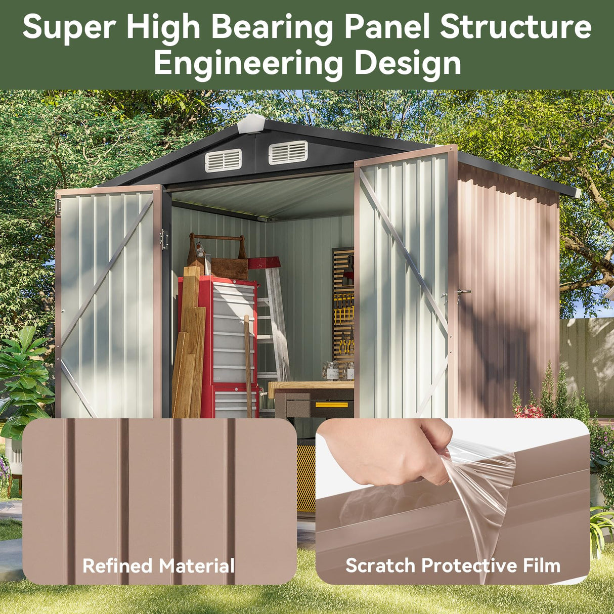 Aoxun 6.2x4 FT Shed Outdoor Storage Shed Metal Garden Shed with Lockable Doors & Slooping Roof Tool Shed Bike Shed for Backyard, Patio, Poolside (Brown) Aoxun