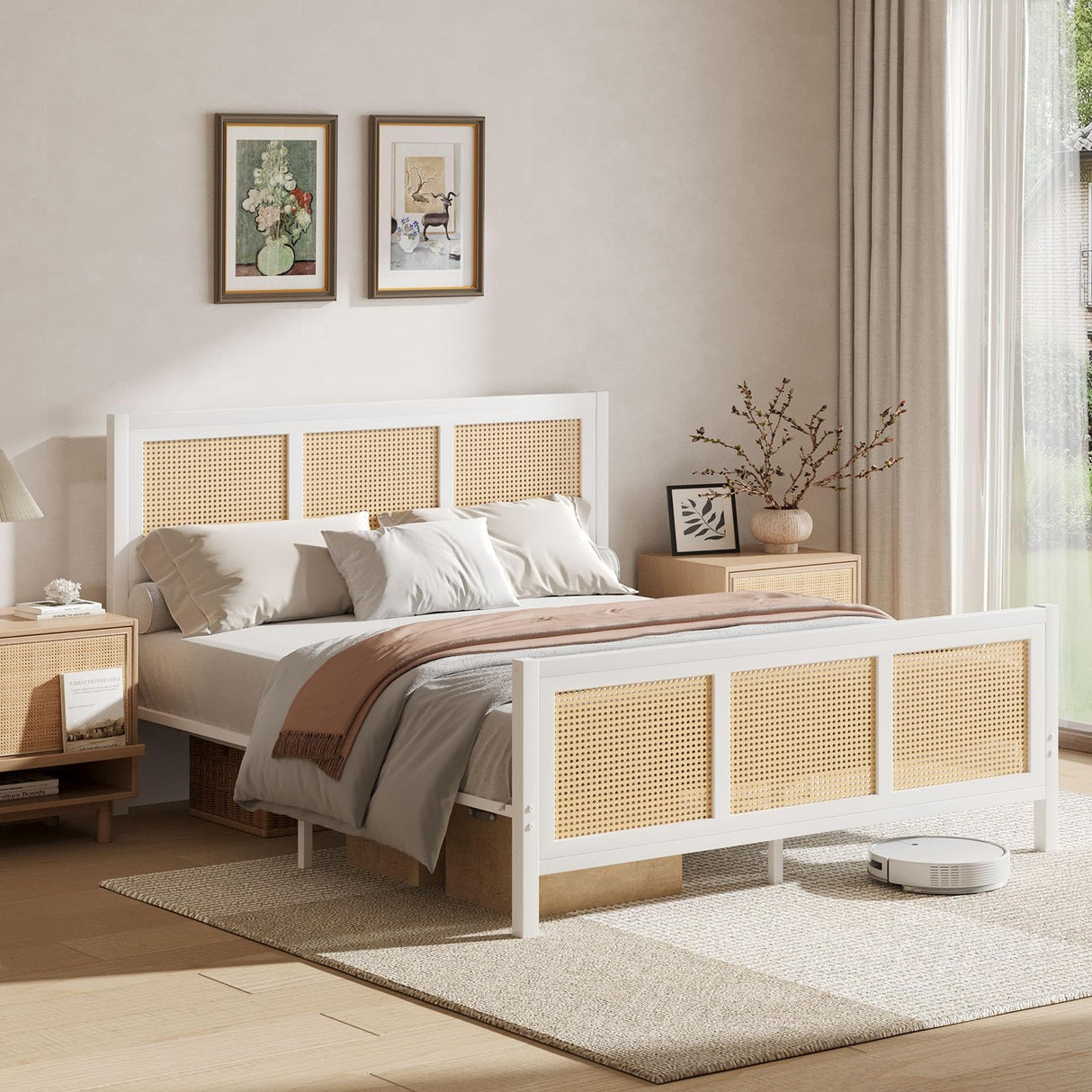 CHABUILDREARK Boho Bed Frame Full, Rattan Bed Frame with Natural Headboard, Metal Platform Bed Full Size with Strong Slats Support, No Box Spring Needed, Noise-Free, Easy Assembly, White CHABUILDREARK