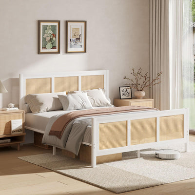 CHABUILDREARK Boho Bed Frame Full, Rattan Bed Frame with Natural Headboard, Metal Platform Bed Full Size with Strong Slats Support, No Box Spring Needed, Noise-Free, Easy Assembly, White