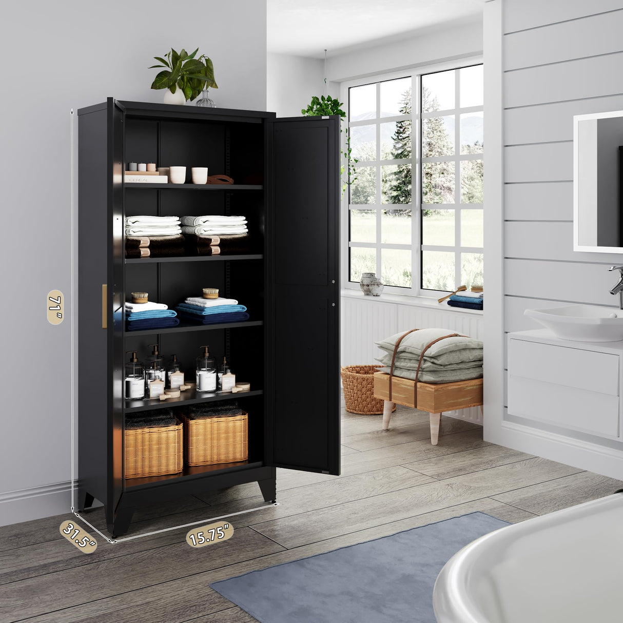 Washsemba 71'' Farmhouse Metal Storage Cabinet with Barn Doors,Steel File Cabinet for Home Office,Kitchen Pantry 4 Adjustable Shelves,Freestanding Cupboard for Kitchen,Home Office (Black) Washsemba