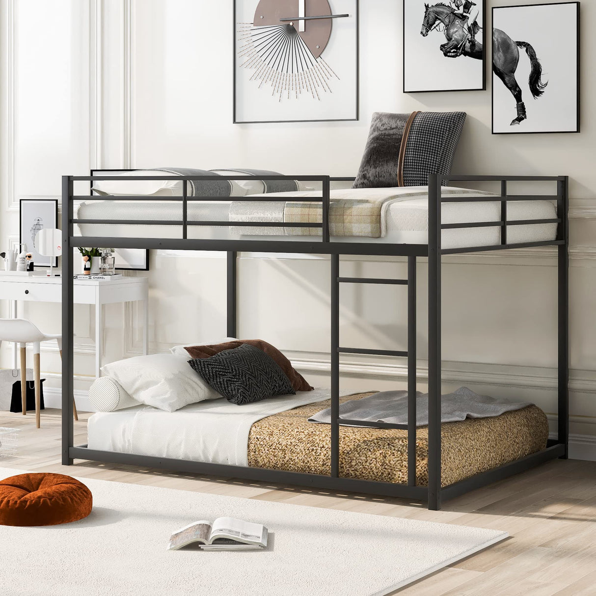 Bellemave Metal Bunk Bed Full Over Full, Low Profile Bunk Bed Frame with Ladder & Full Length Guardrail, Space-Saving Twin Size Bed Frame for Kids Teens, No Box Spring Needed (Black) Bellemave