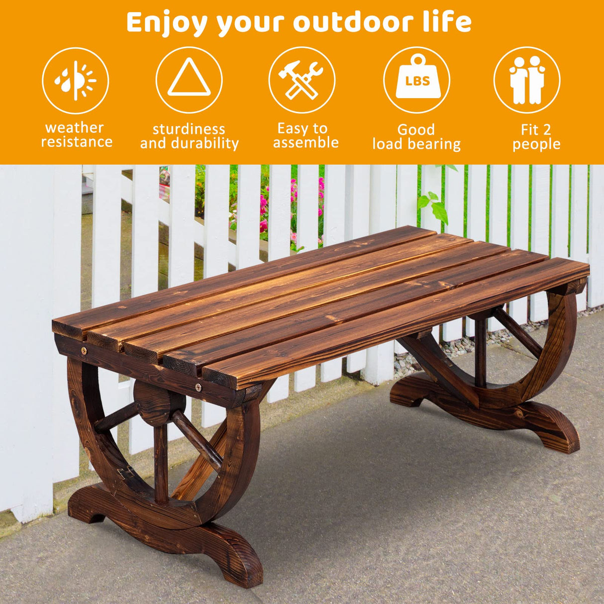 Outvita Rustic Wagon Wheel Wooden Garden Bench for Outdoor Seating, Carbonized Finish – Seats 2 in Brown Outvita