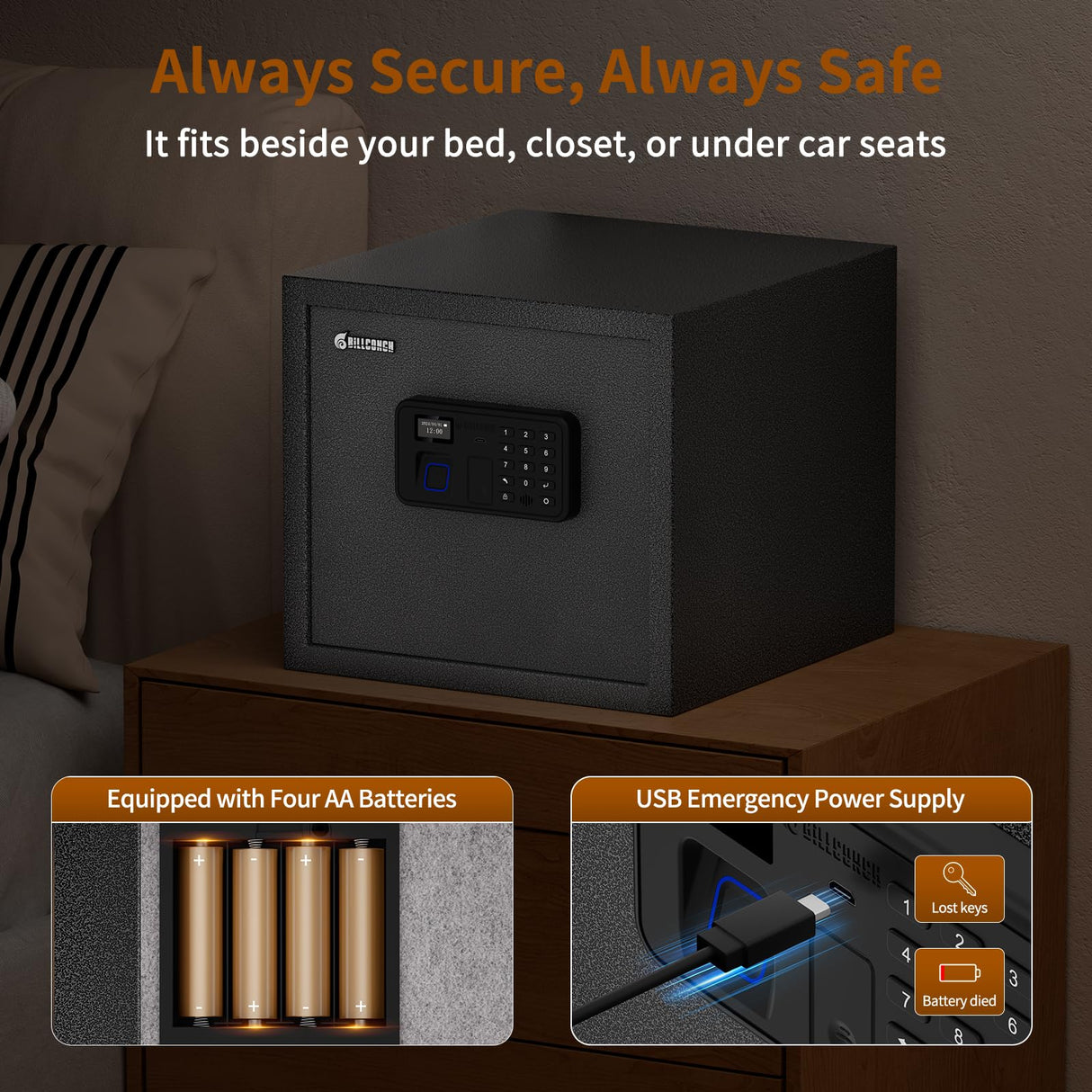 Billconch Smart Gun Safe for Multiple Pistols - Automatic Lock Safe Box with LCD Display/Voice Guide, Quick Access Unlock with Fingerprint/Keypad/Key/App, Biometric Handgun Safe for Money Valuables BILLCONCH