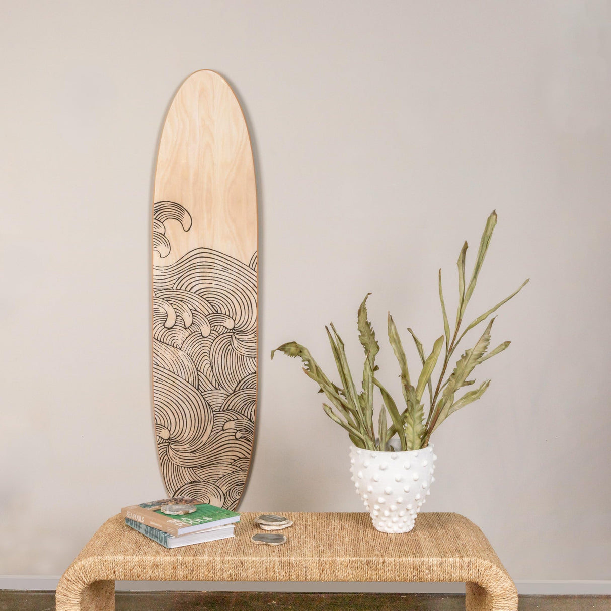 Creative Co-Op Coastal Decorative Surfboard Wall Décor for Living Room; Contemporary Wave Design Overlaid On Light Natural Wood, 65.5" Creative Co-Op