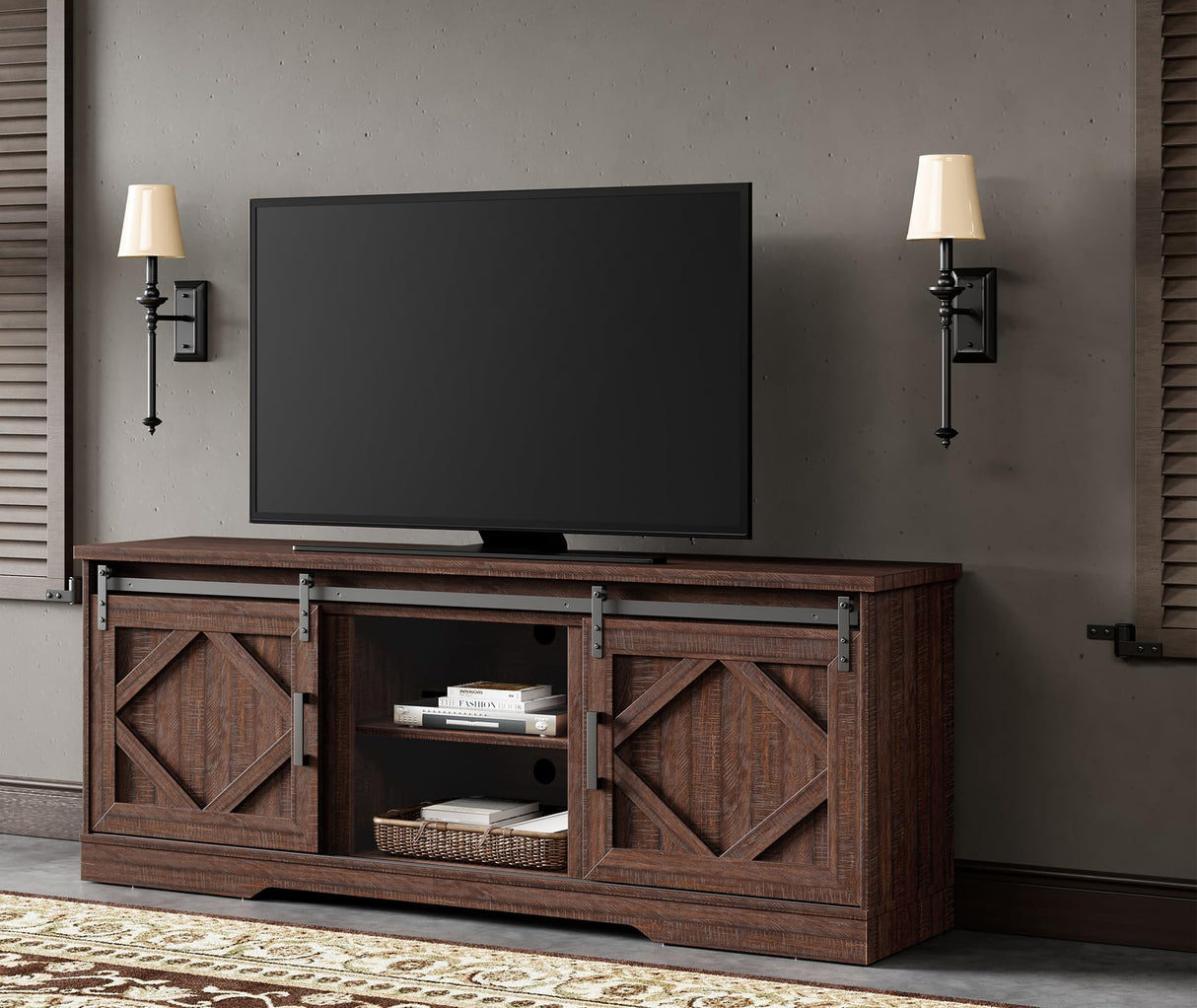 WAMPAT Modern Farmhouse 3 in 1 TV Stand for up to 95" TVs Wood Entertainment Center with Open Storage for Living Room,Rustic Brown WAMPAT