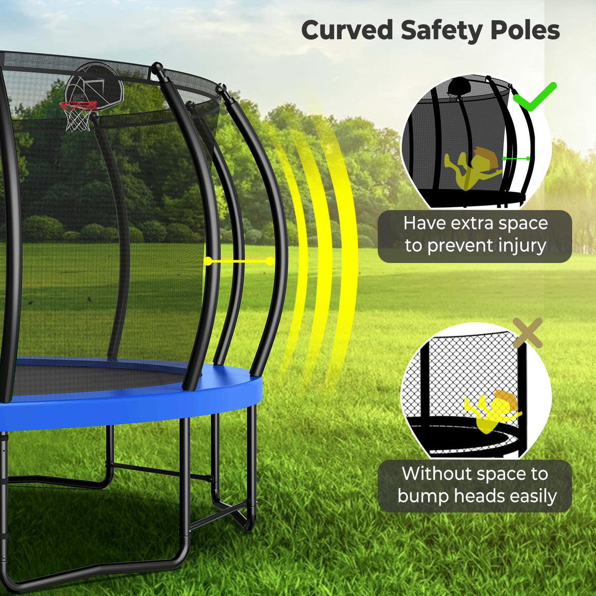 Lyromix 16FT Outdoor Trampolines for Kids and Adults, Pumpkin Trampolin with Curved Poles, Recreational Trampolin with Basketball Hoop and Safety Enclosure Net for Kids and Adults Lyromix