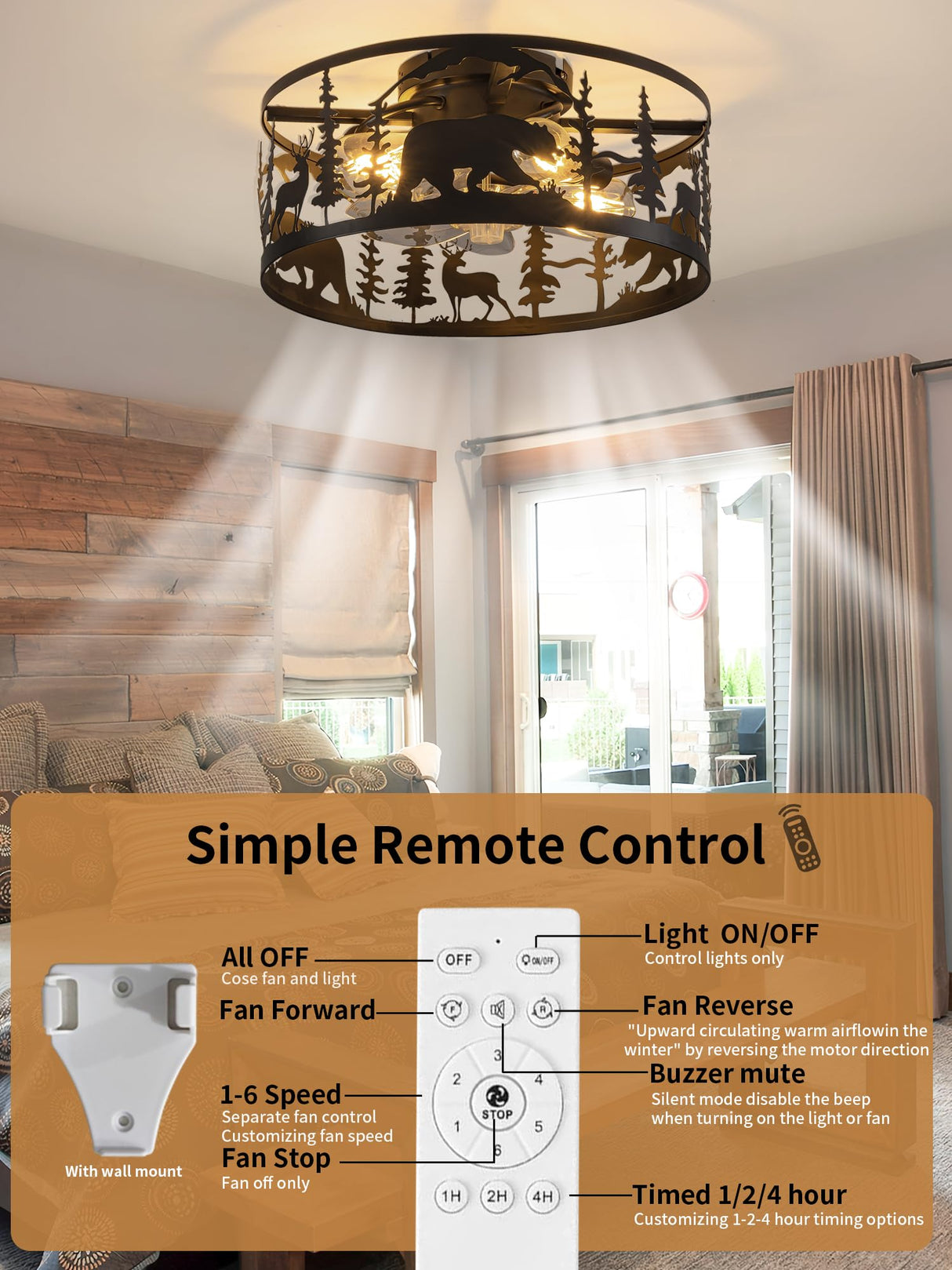 YEDAORL Farmhouse Caged Ceiling Fans with Lights and Remote Control,Rustic Black Chandelier Fan with Bear Deer Design,Flush Mount Low Profile Fandelier for Bedroom,Dining Living Room,Foyer YEDAORL