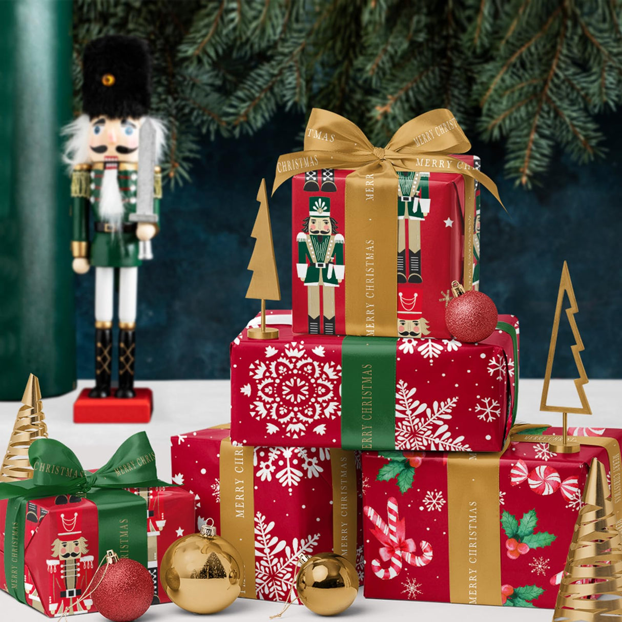 WRAPAHOLIC Christmas Wrapping Paper Roll - Mini Roll - 3 Rolls - 17 Inch x 120 Inch Per Roll - Red Nutcracker, Snowflake, Candy cane and Holly Holiday Collection WRAPAHOLIC