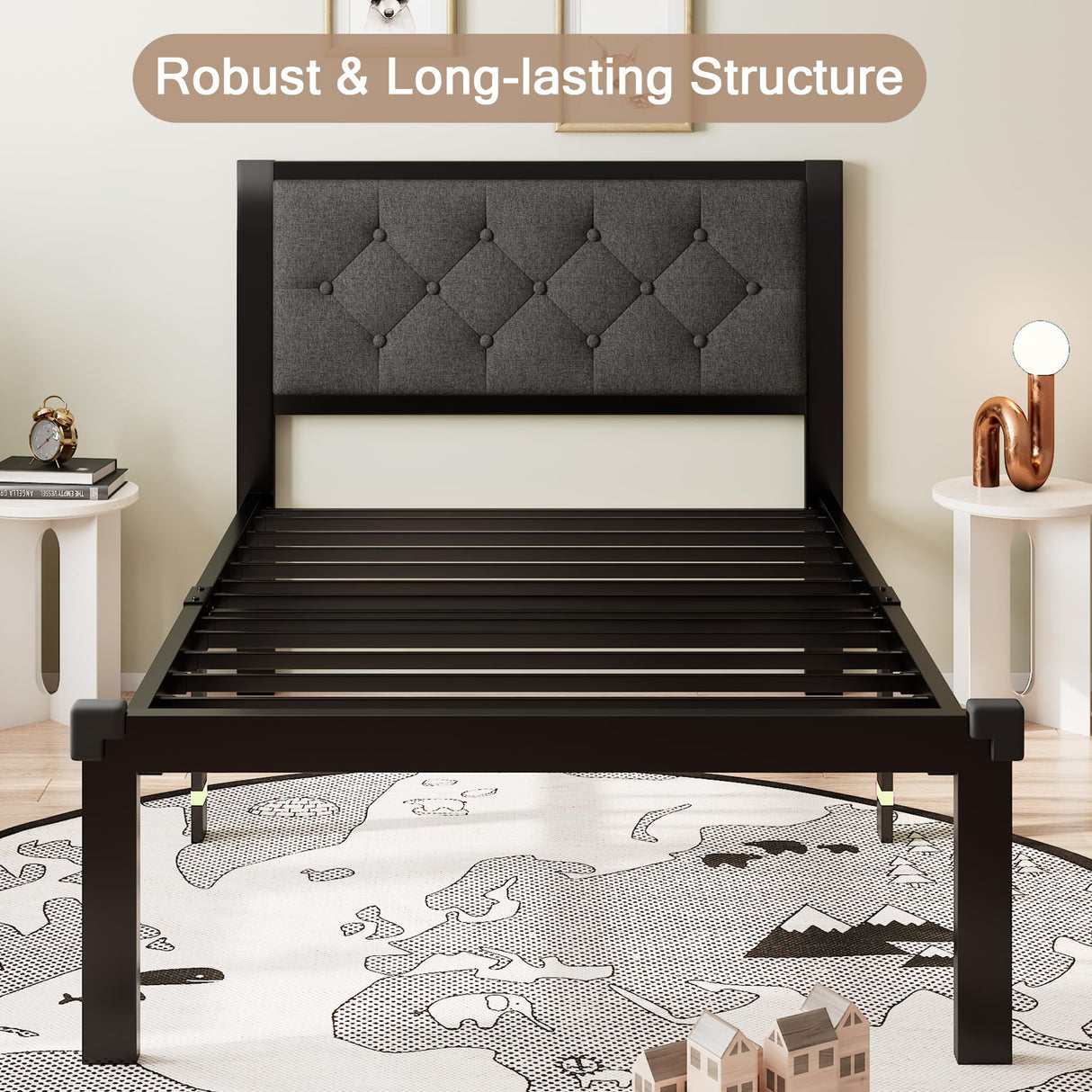 Einhomn Twin Bed Frame, Platform Metal Bed Frame with Button Tufted Linen Upholstered Headboard, Sturdy Steel Slats, 12" Underbed Storage, No Box Spring Needed, Dark Grey Einhomn