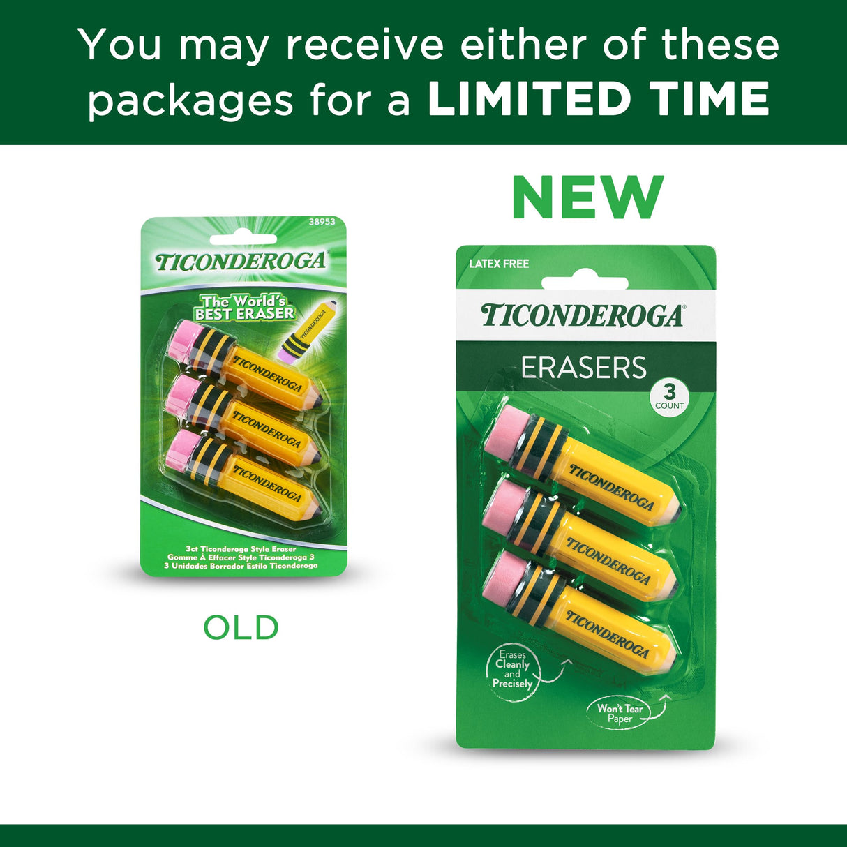 TICONDEROGA Erasers, Pencil Shaped, Latex-Free, Yellow, 3-Pack (38953) Ticonderoga