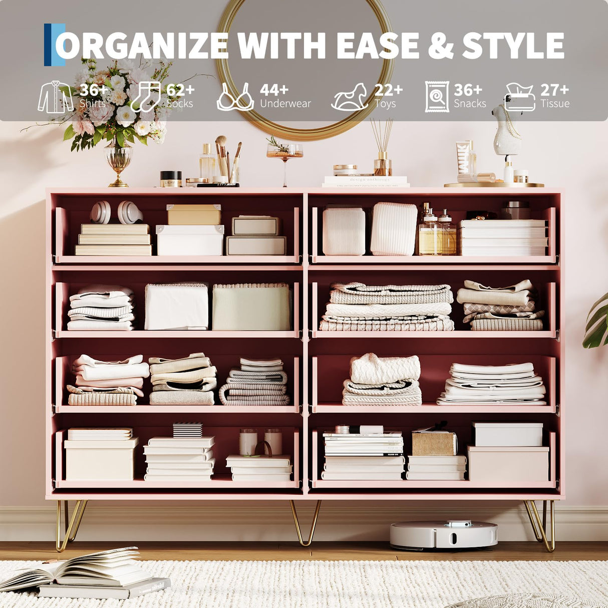 GarveeHome Fluted Dresser for Bedroom with 8 Drawers,55" Wide Modern Chest of Wooden Bedroom Chest with Metal Handle,Clothes Storage Organizer,Dresser & TV Stand for Living Room,PIink GarveeHome