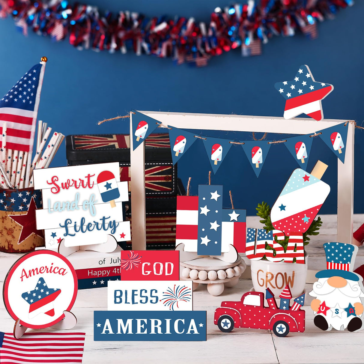 FairySandy 15 Pcs 4th of July Tiered Tray Decor Patriotic Table Decoration Memorial Day Independence Day Wooden Sign Red White Blue Gnome USA Flag Tiered Tray Decor Set for Home Table FairySandy