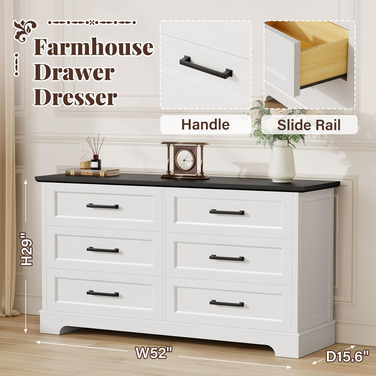 Furmax Farmhouse Dresser for Bedroom, 6 Drawers Dresser, Wood Chest of Drawers, 52" Wide Storage Dressers Organizer for Bedroom, Living Room, White and Black Furmax