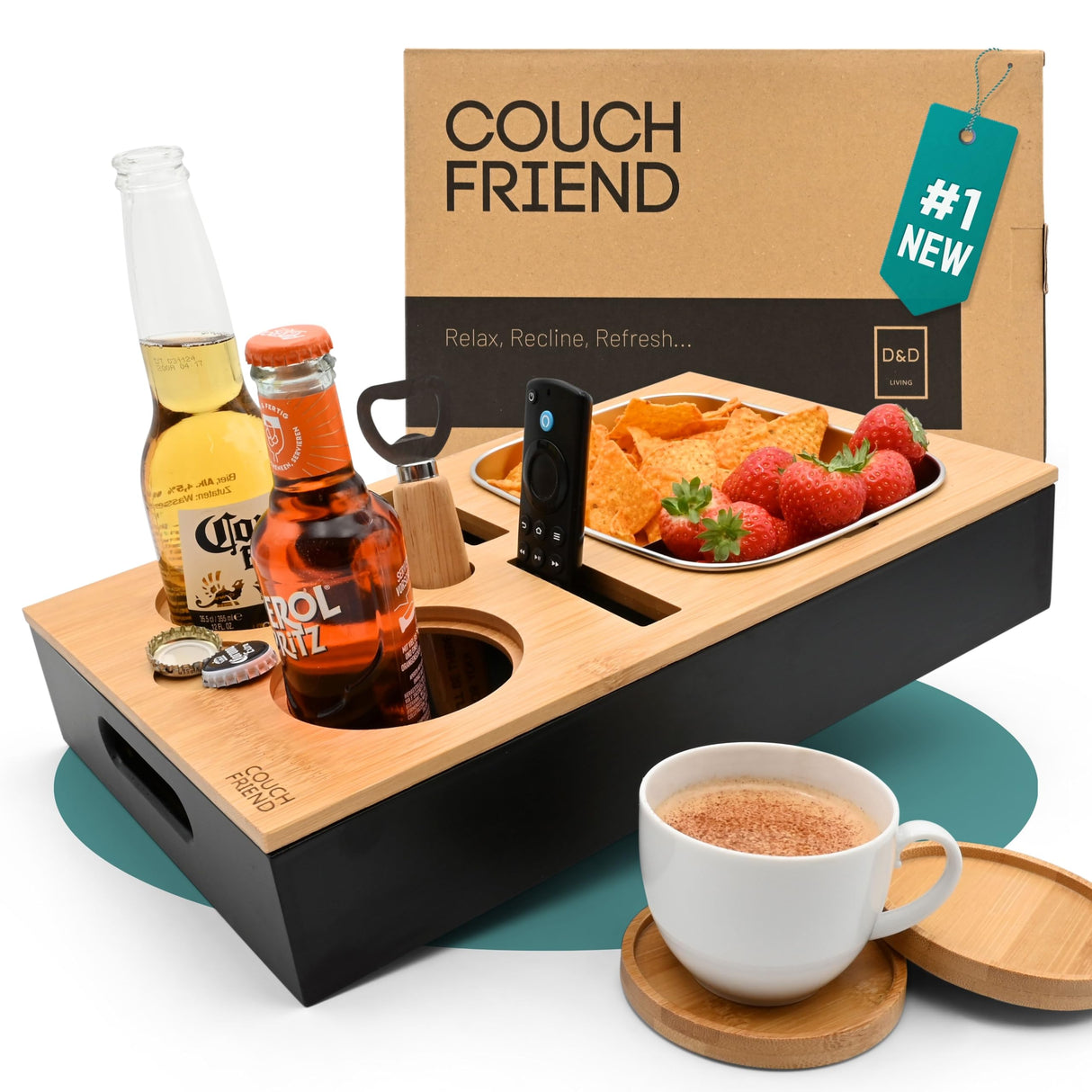 D&D Living® Couch Caddy - Bamboo Couch Console | Anti-Spill Drink and Cup Holder | Snack Organizer Tray for Sofa with Bottle Opener D&D Living
